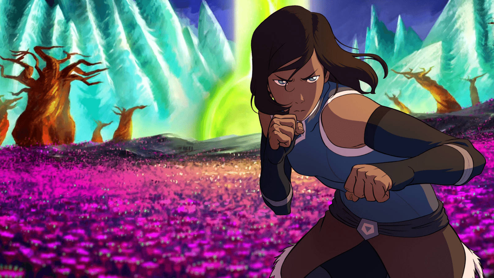 Korra 桌布 壁紙 — 一個堅定的動畫戰士站在充滿活力的紫色田野中，身後有發光的綠色能量和火熱的樹木。