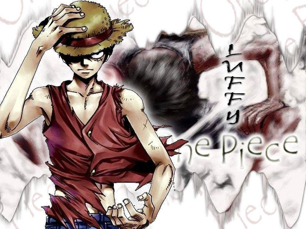 Luffy 桌布 壁紙 — 一個堅定的動畫海盜，戴著草帽和破爛的紅色背心，站在一個動態的、濺墨的背景前，上面有「One Piece」字樣。