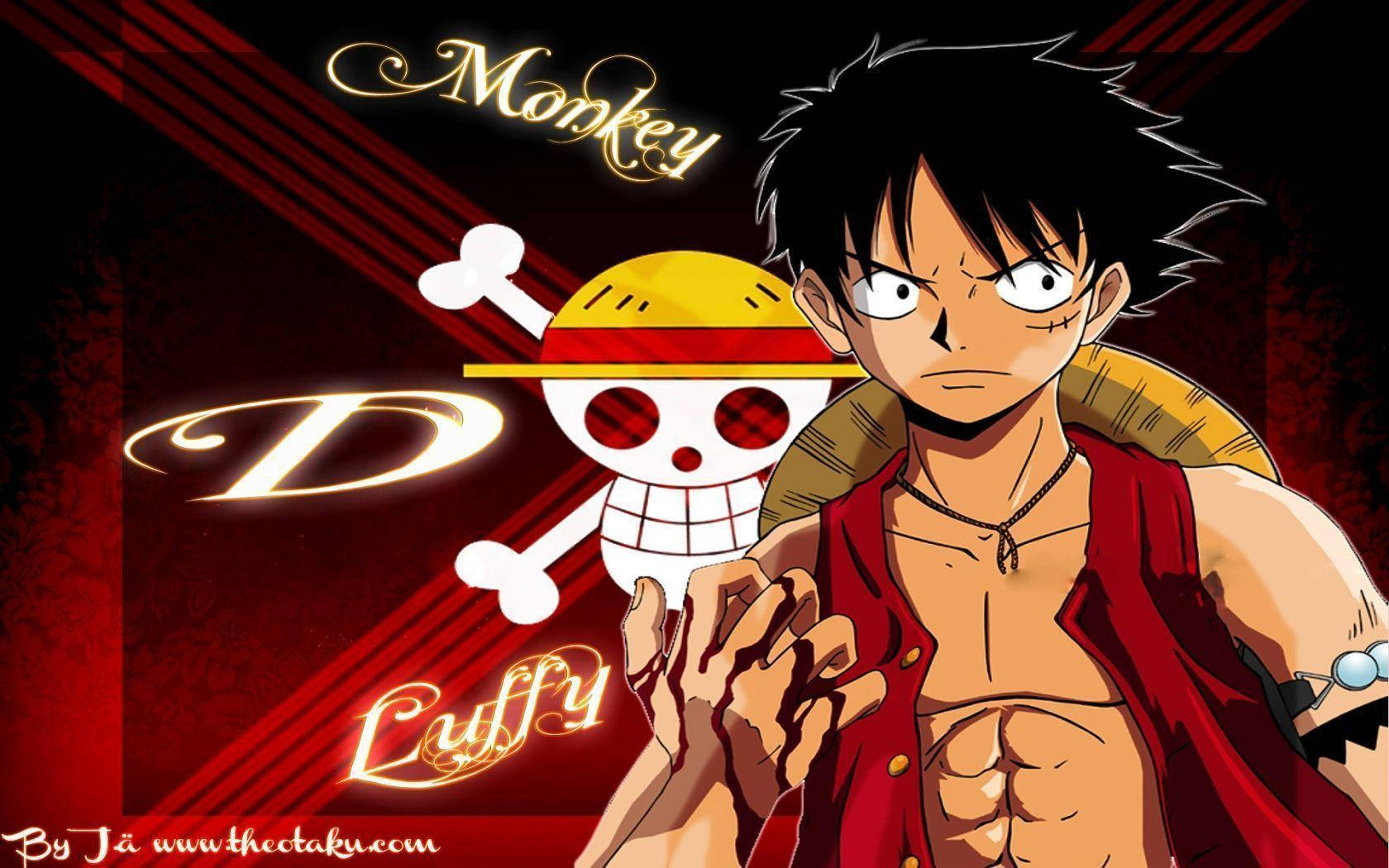 Luffy 桌布 壁紙 — 一個堅定的動畫海盜，戴著草帽和紅色外套，站在戲劇性的紅色背景前，背景中有他的船員的骷髏旗。