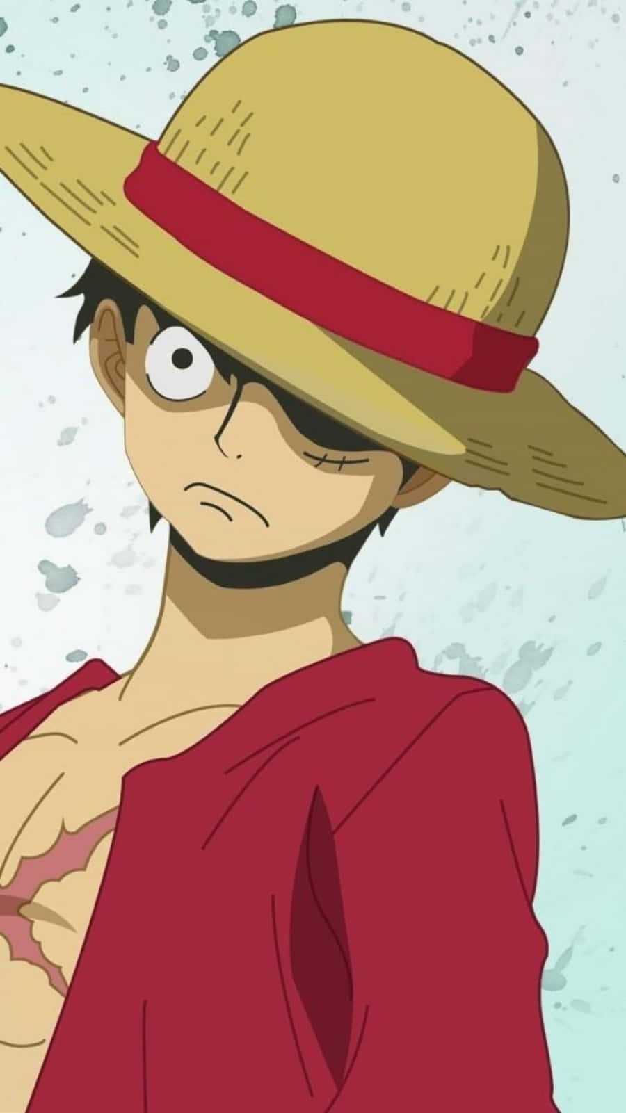 Luffy Phone 桌布 壁紙 — 一個堅定的動畫海盜，戴著草帽和紅色襯衫，在斑點背景前專注地凝視。
