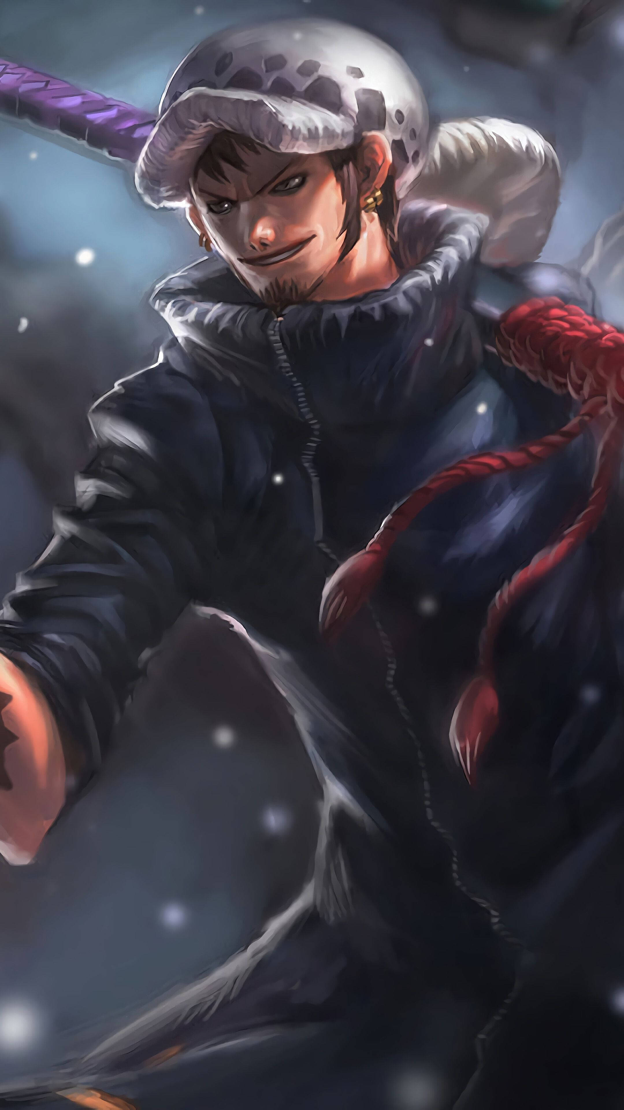 One Piece Phone 桌布 壁紙 — 一個堅定的動畫海盜，戴著草帽和紅色繩索，在雪地、昏暗的場景中手持劍站立。