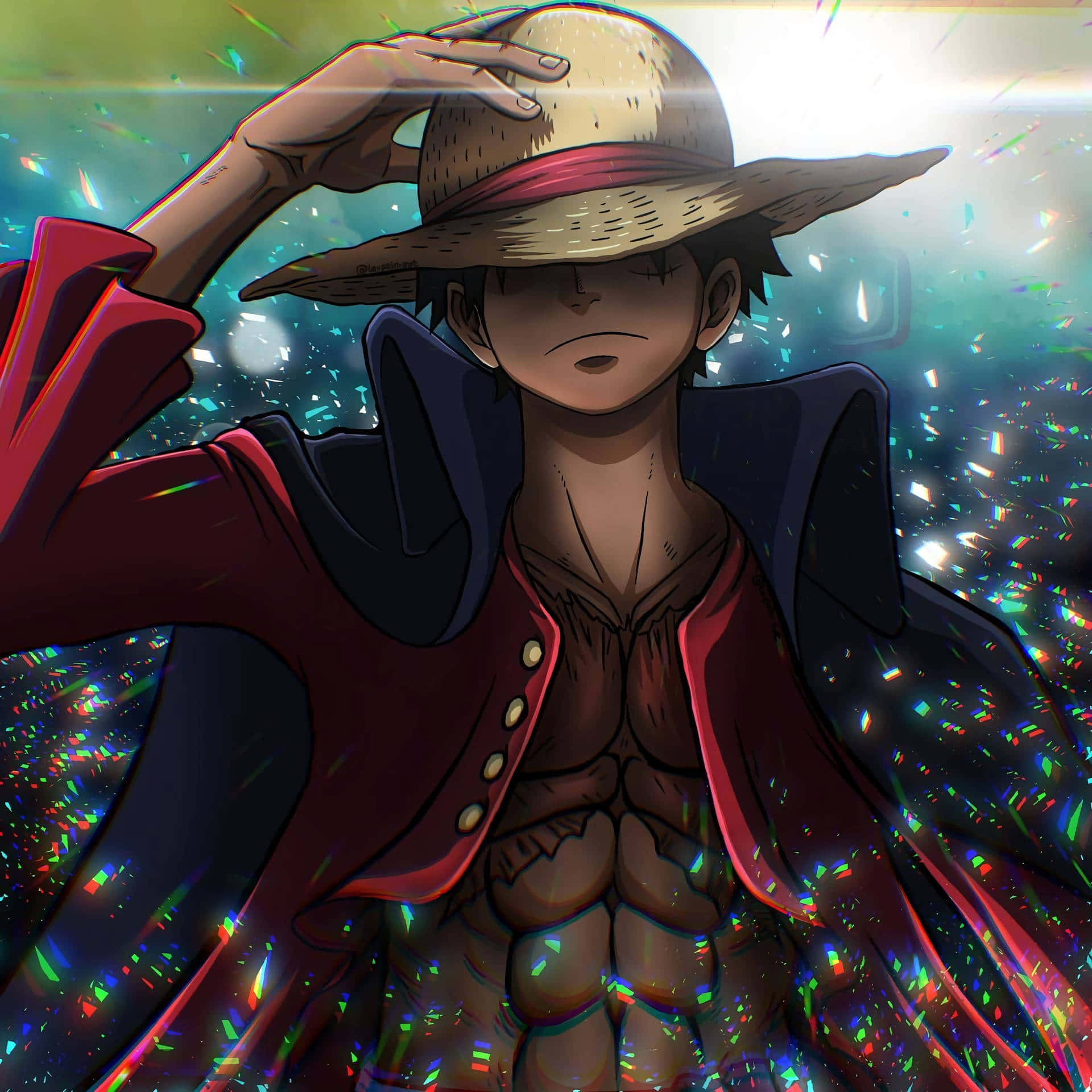 Luffy 桌布 壁紙 — 一個堅定的動畫海盜，戴著草帽和紅色外套，站在燦爛陽光下五彩紙屑的陣雨中。