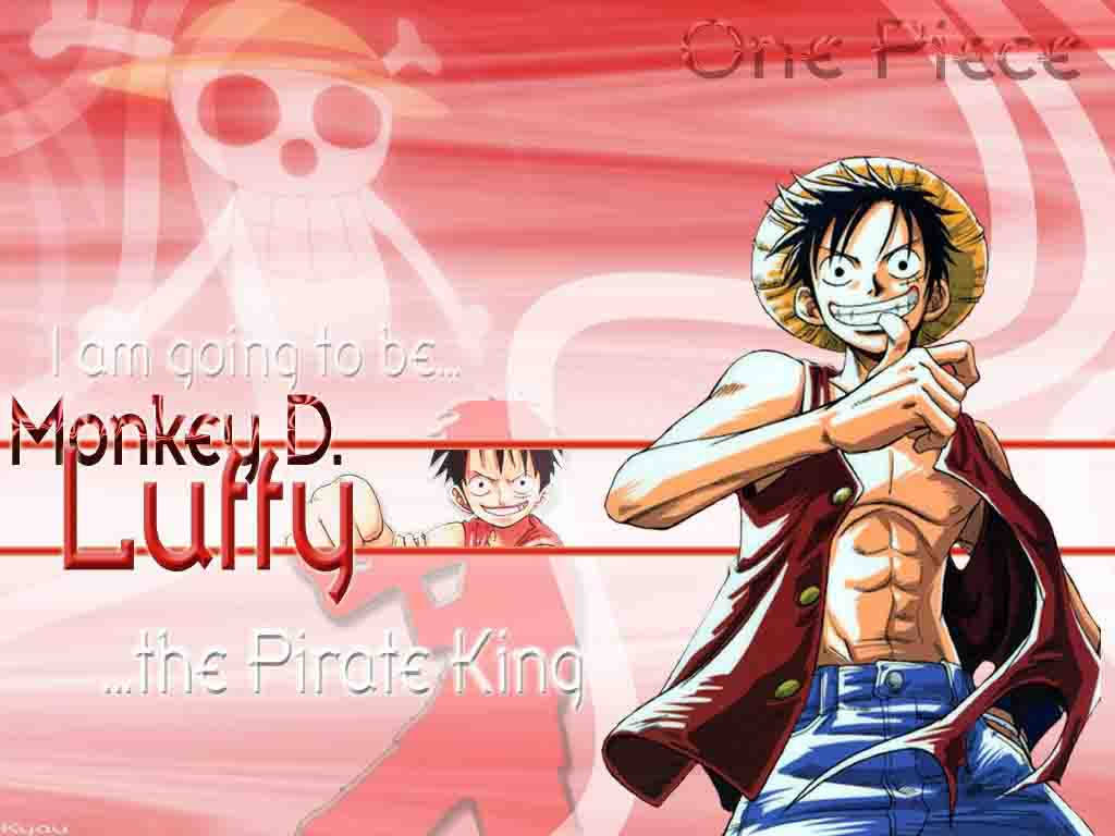 Luffy 桌布 壁紙 — 一個堅定的動畫海盜，戴著草帽和紅色外套，在紅色背景前擺姿勢，附有他的名言和幽靈般的骷髏剪影。