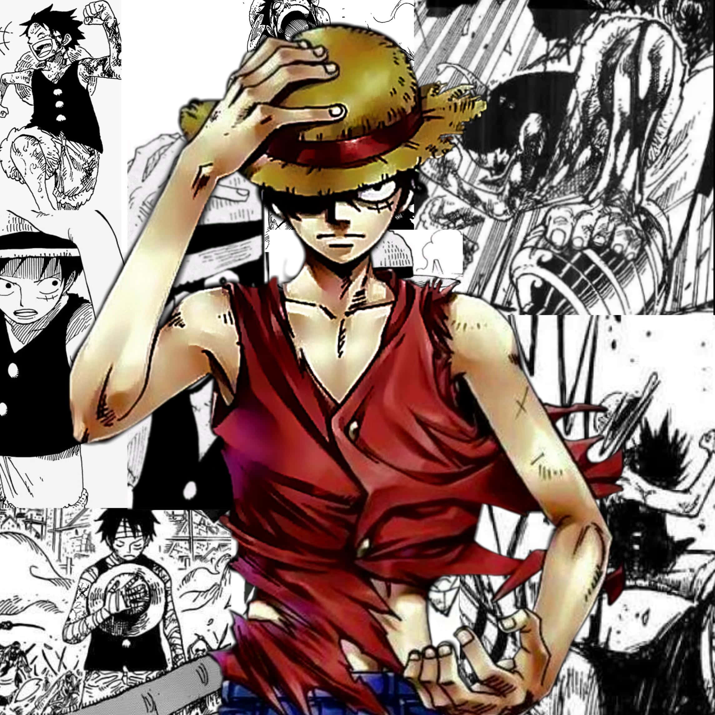 Cool Luffy 桌布 壁紙 — 一個堅定的動畫海盜，戴著草帽和紅色背心，站在舞台中央，周圍是動態的黑白漫畫面板。