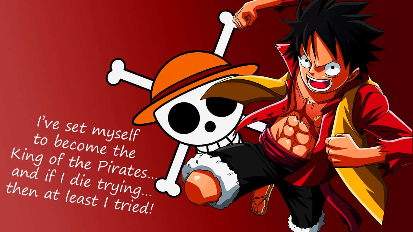Cool Luffy 桌布 壁紙 — 一個堅定的動畫海盜，戴著骷髏帽和紅色外套，在深紅色背景上向前跳躍，並附有勵志名言。