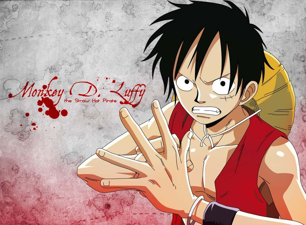 Cool Luffy 桌布 壁紙 — 一個堅定的動畫海盜，黑髮紅背心，在紋理紅灰背景前做手勢。