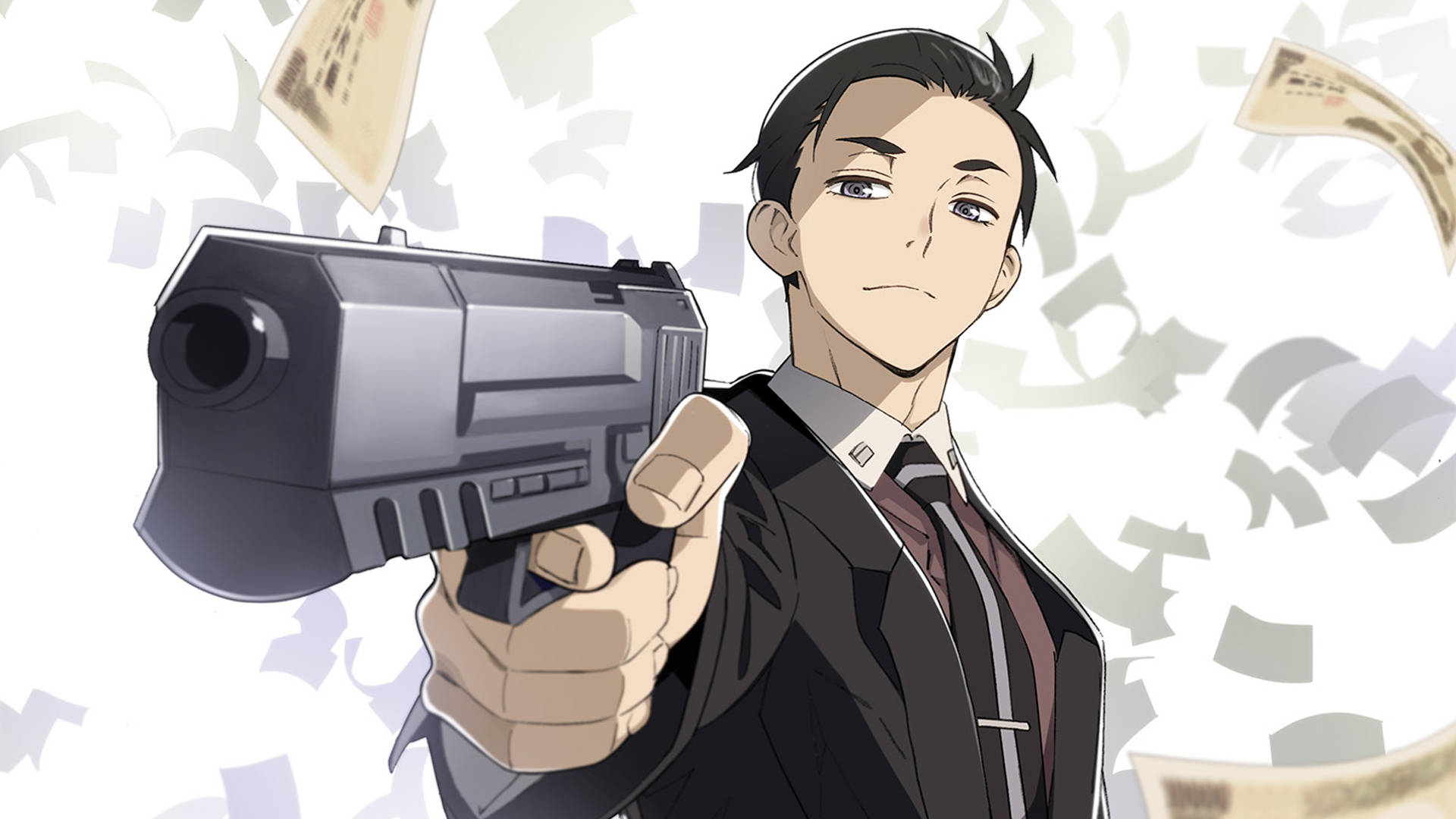 daisuke kambe 桌布 壁紙 — 一個堅定的動畫男子穿著西裝，瞄準一把未來風格的手槍，鈔票在他周圍旋轉，背景是純白色。