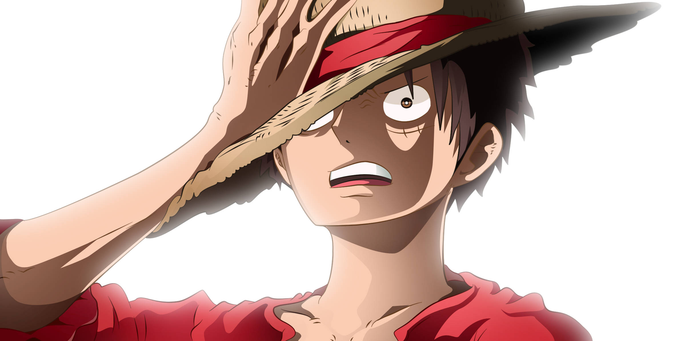Luffy 桌布 壁紙 — 一個堅定的動畫男孩，戴著草帽和紅色襯衫，抓緊帽子，向上凝視，眼神強烈。