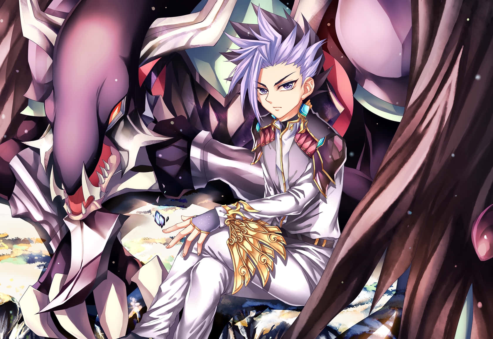 Yu-gi-oh Yuto 桌布 壁紙 — 一個堅定的動畫男孩，擁有尖刺的紫色頭髮，坐在一個巨大的紫色龍旁邊，背景是宇宙場景。