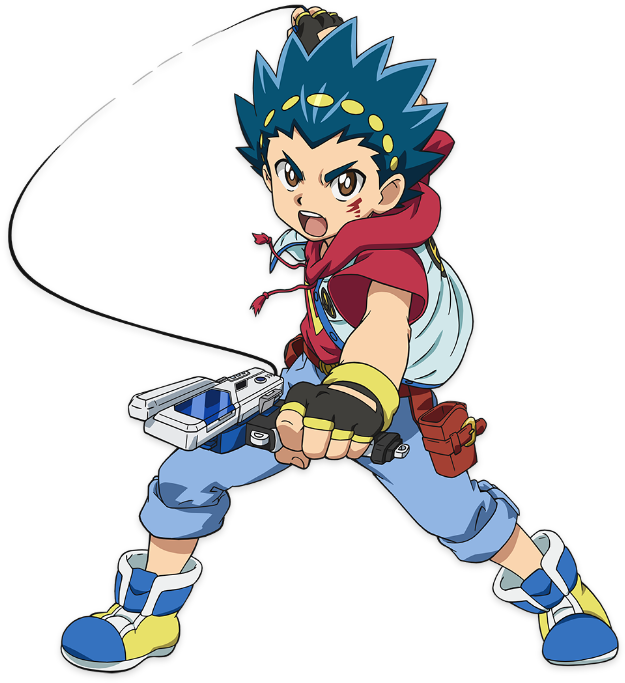 Beyblade 桌布 壁紙 — 一個堅定的動畫男孩，擁有尖刺的藍色頭髮，在動態戰鬥姿勢中揮舞著未來武器。
