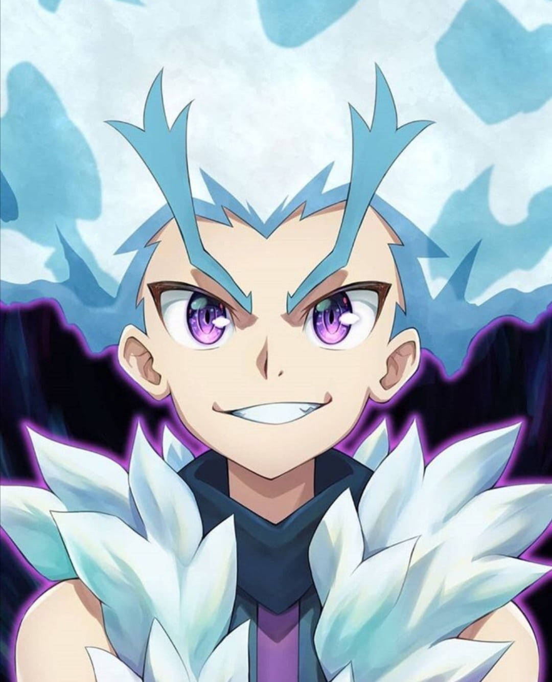 Beyblade 桌布 壁紙 — 一個堅定的動畫男孩，擁有尖刺的藍色頭髮和紫色眼睛，在暴風雨般的藍色和紫色背景前戴著白色水晶領。