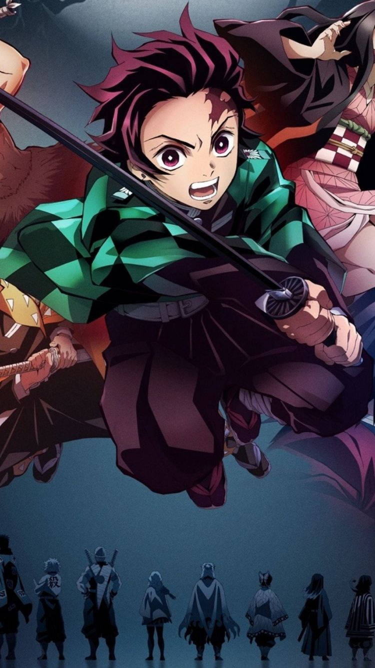 Demon Slayer Phone 桌布 壁紙 — 一個堅定的動畫男孩，擁有洋紅色頭髮和綠色和服，揮舞著劍向前躍進，陰影人物站在他下方。