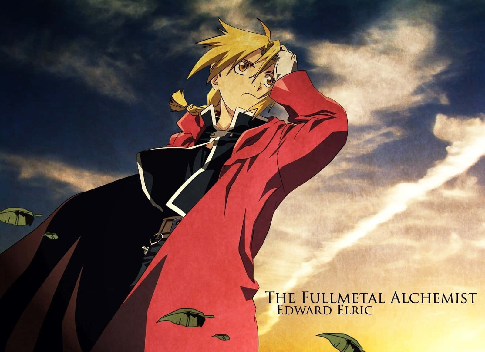 edward elric 桌布 壁紙 — 一個堅定的動畫男孩，有著刺刺的金色頭髮和紅色外套，站在落葉紛飛的戲劇性天空下。