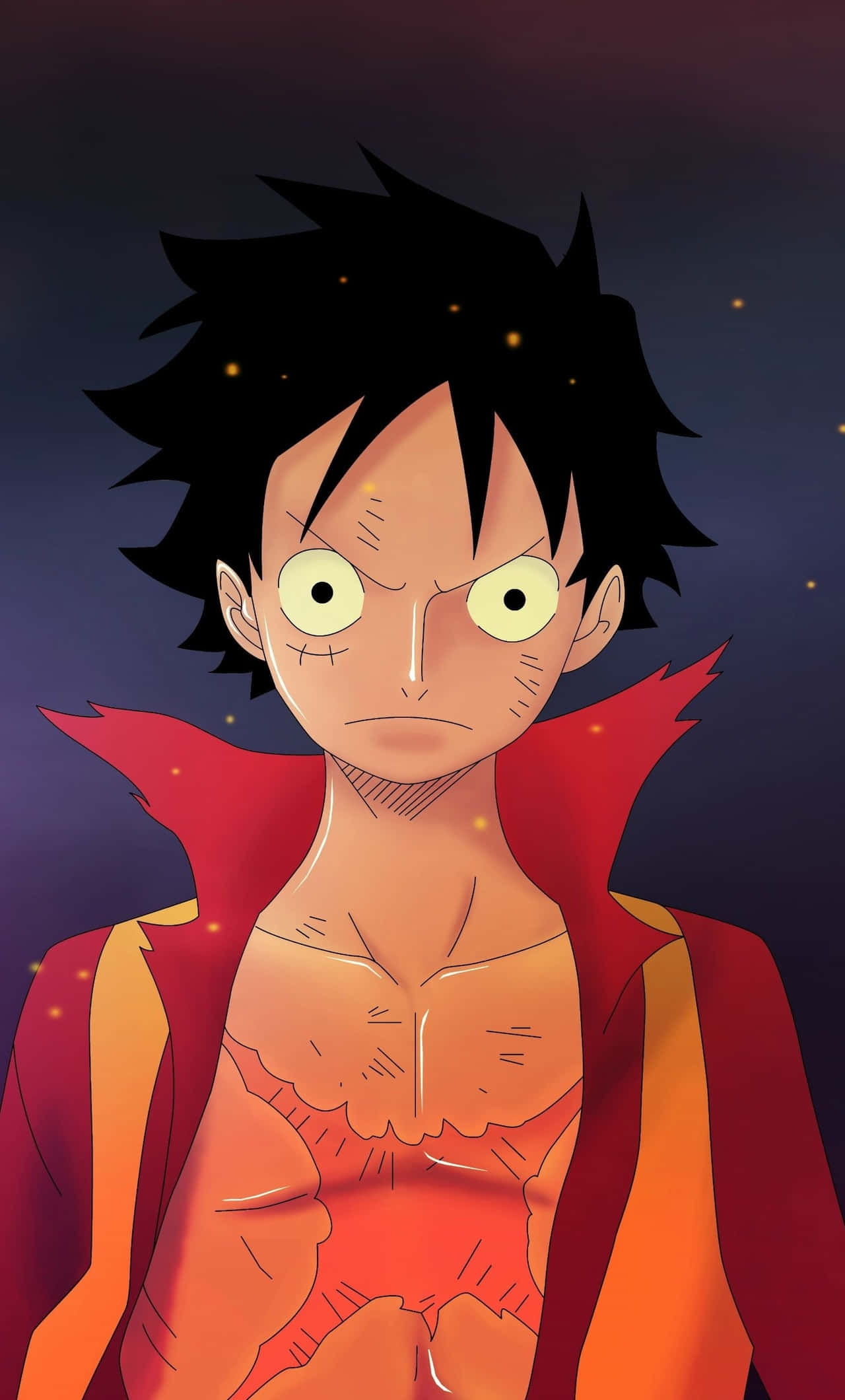 Luffy 桌布 壁紙 — 一個堅定的動畫男孩，有著刺蝟般的黑髮和發光的眼睛，穿著紅色外套，背景是繁星點點的夜空。