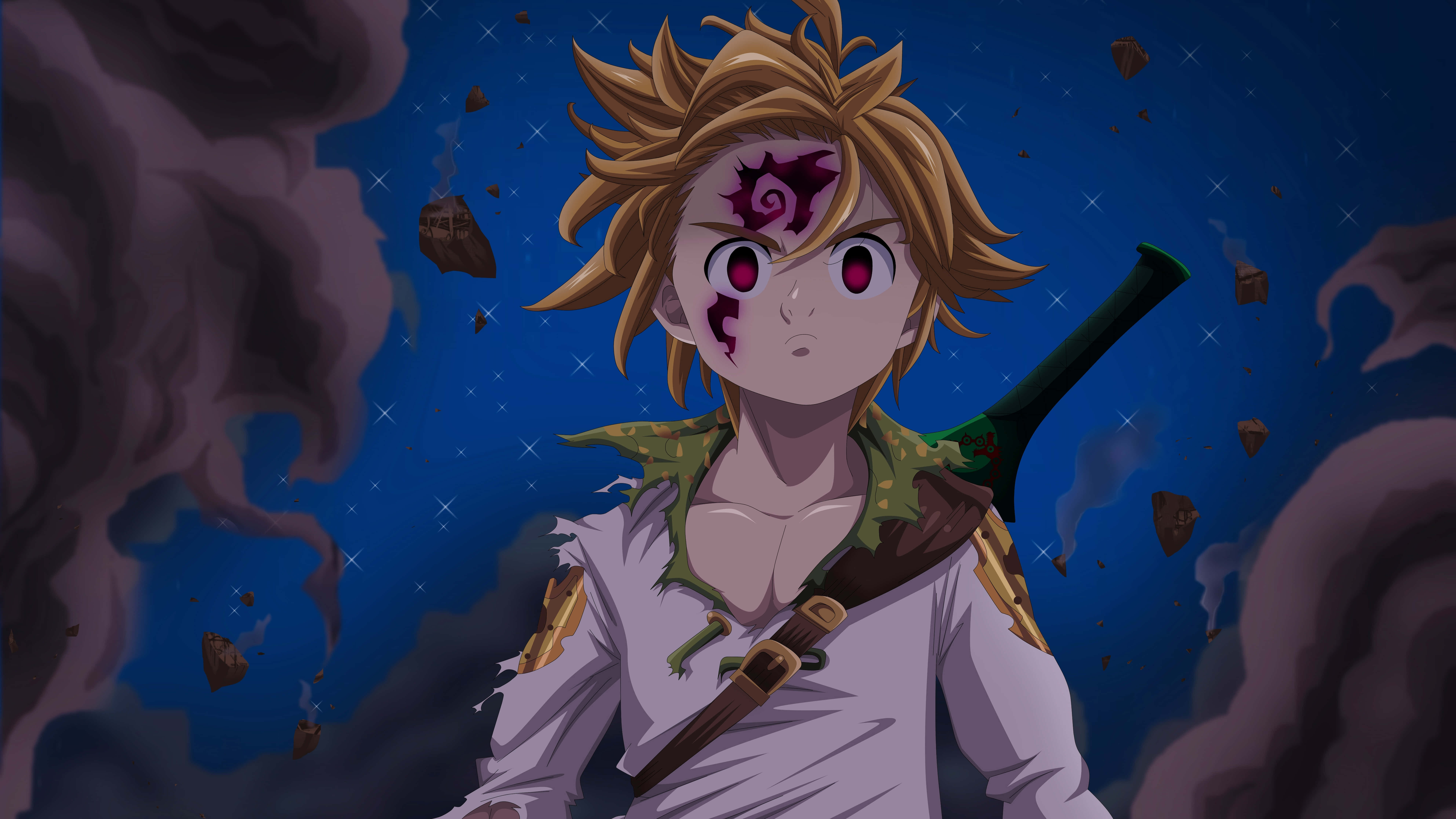 Seven Deadly Sins 4K 桌布 壁紙 — 一個堅定的動畫男孩，有著刺蝟般的金髮和背後的星空夜空，手持劍，周圍漂浮著岩石。