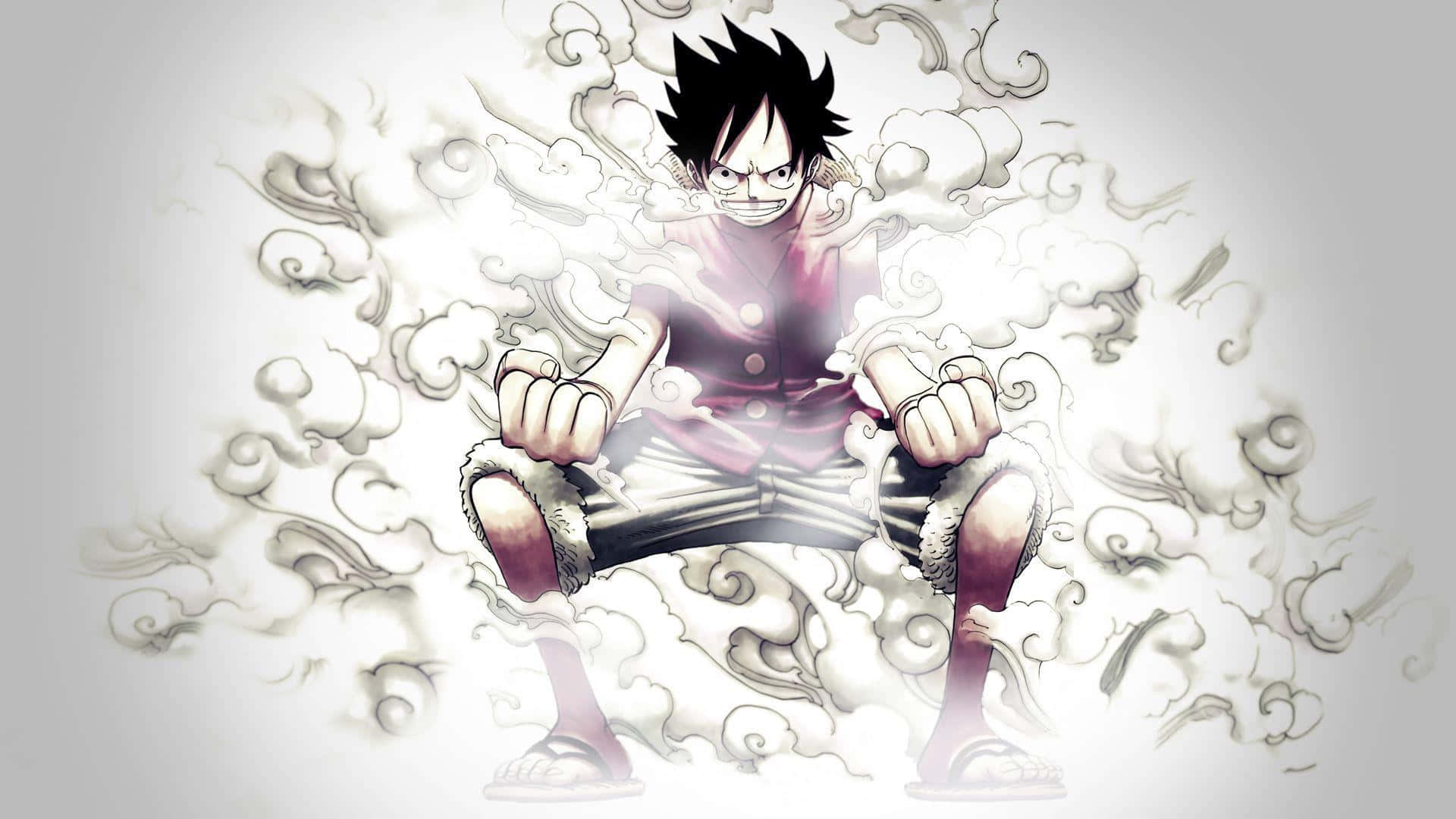 Cool Luffy 桌布 壁紙 — 一個堅定的動畫男孩，有著刺蝟般的黑髮，坐在柔和的灰色背景前，被旋轉的白煙包圍。
