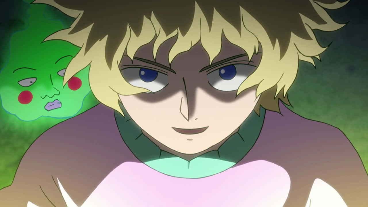 Teruki Hanazawa 桌布 壁紙 — 一個堅定的動畫男孩，有著尖刺金髮和藍眼睛，向前凝視，身後有一個綠色幽靈般的面孔。