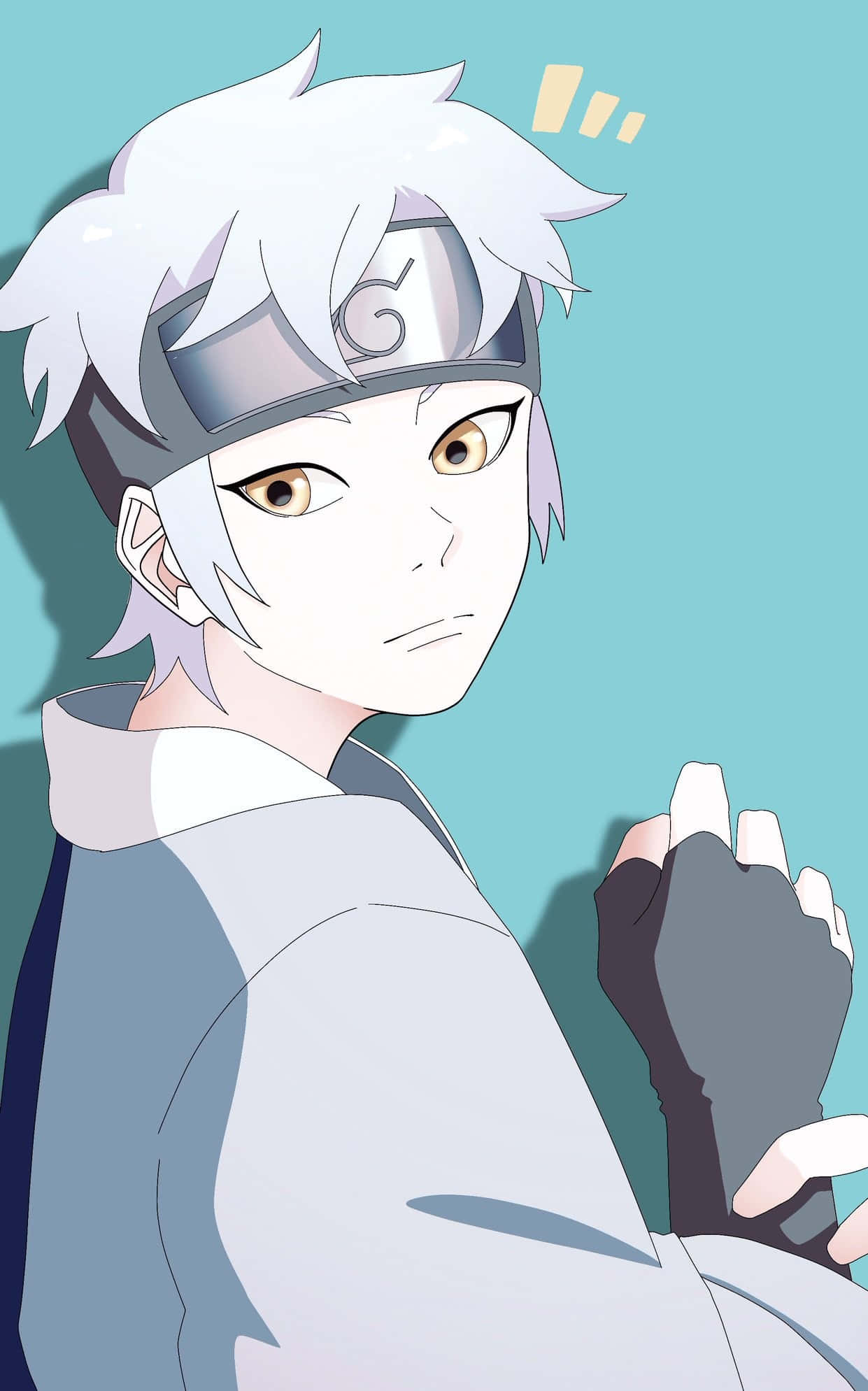 Mitsuki 桌布 壁紙 — 一個堅定的動畫男孩，白髮戴頭帶，在青綠色背景上越過肩膀怒視。