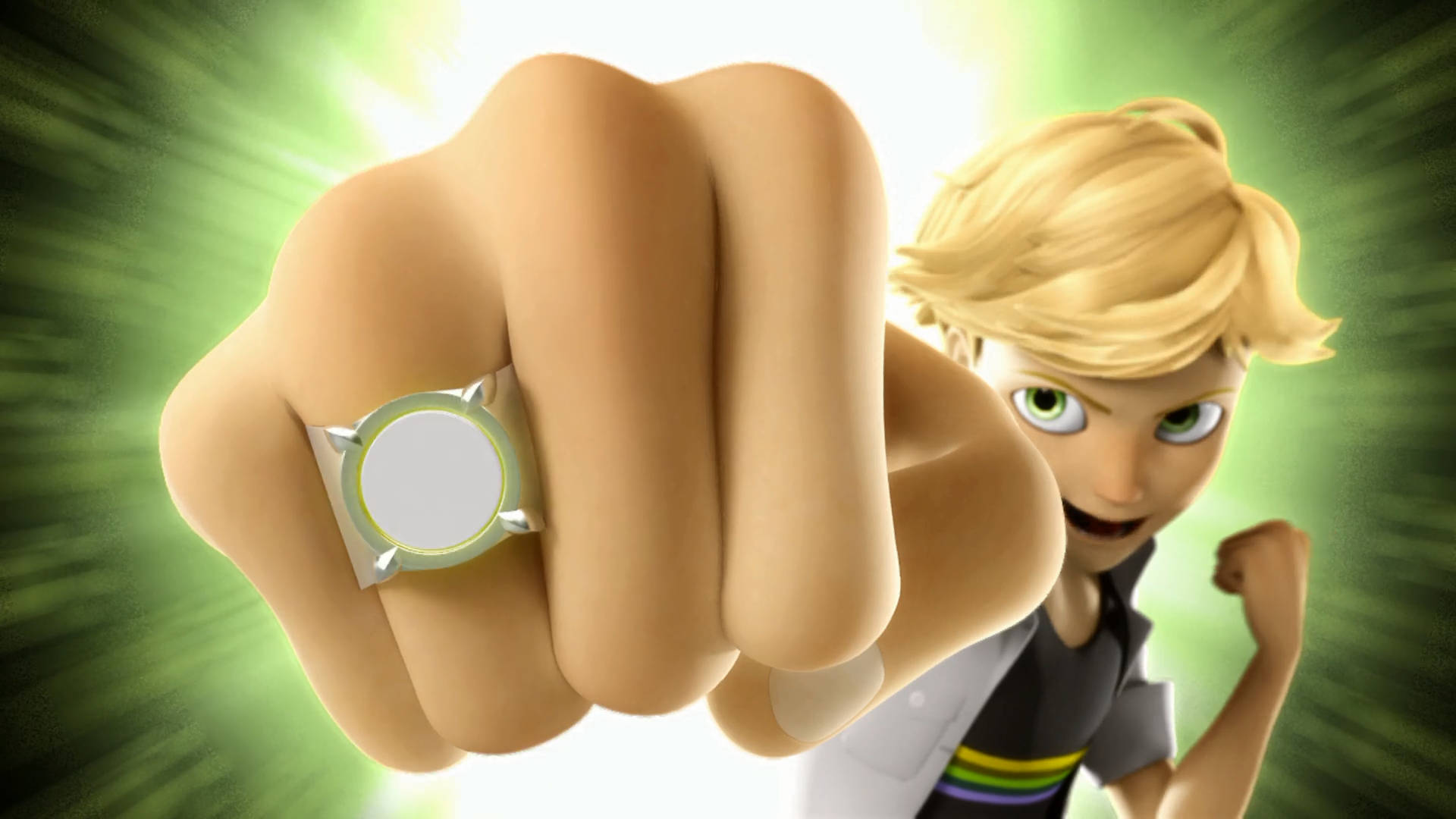 Adrien 桌布 壁紙 — 一個堅定的動畫男孩，金髮碧眼，向前握拳，展示手指上發光的綠色戒指，背景是耀眼的綠色爆發。