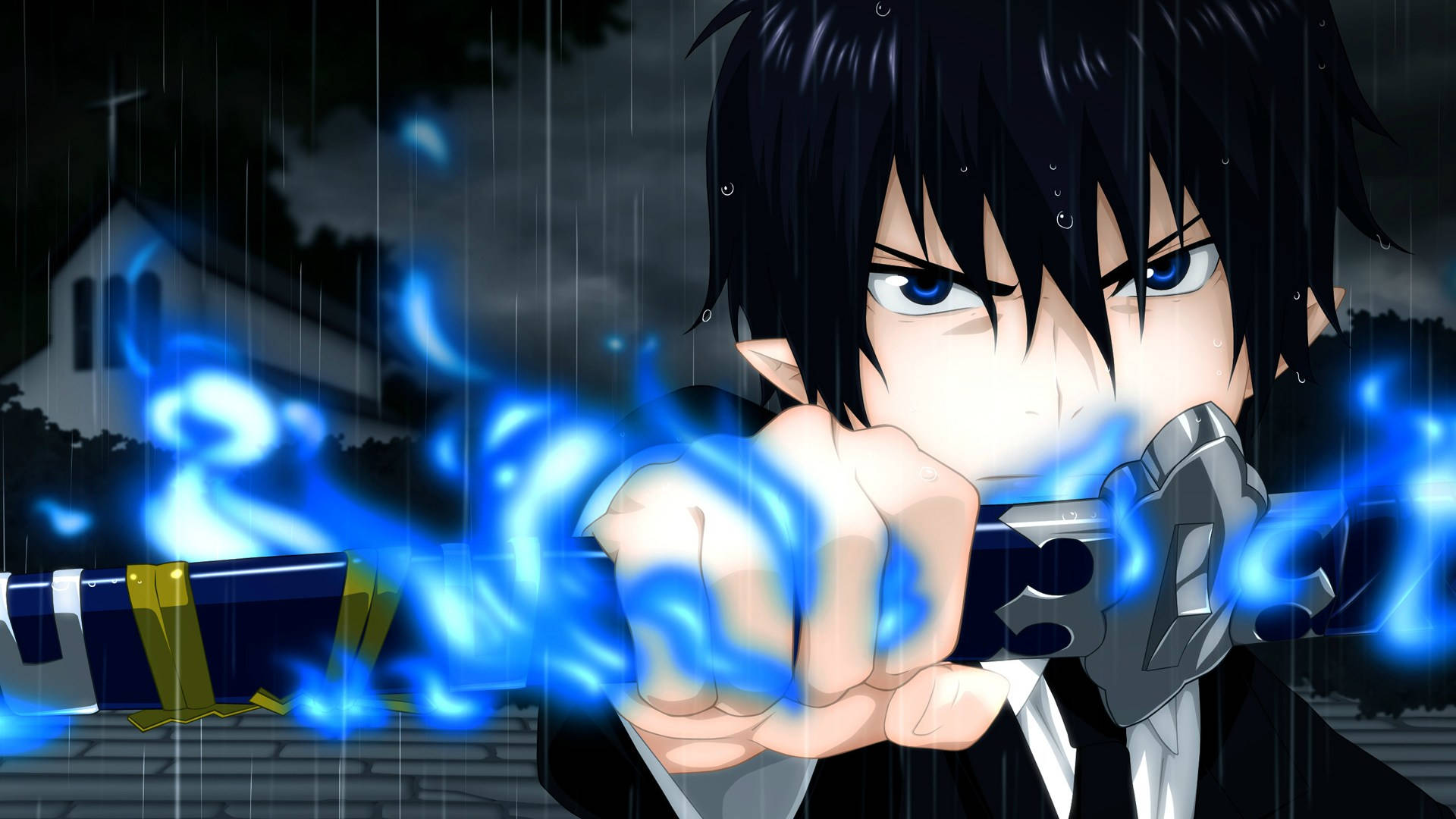 Blue Exorcist 桌布 壁紙 — 一個堅定的動畫男孩，黑髮藍眼，在暴雨中握著一把發光的藍色劍，背景是黑暗的教堂。
