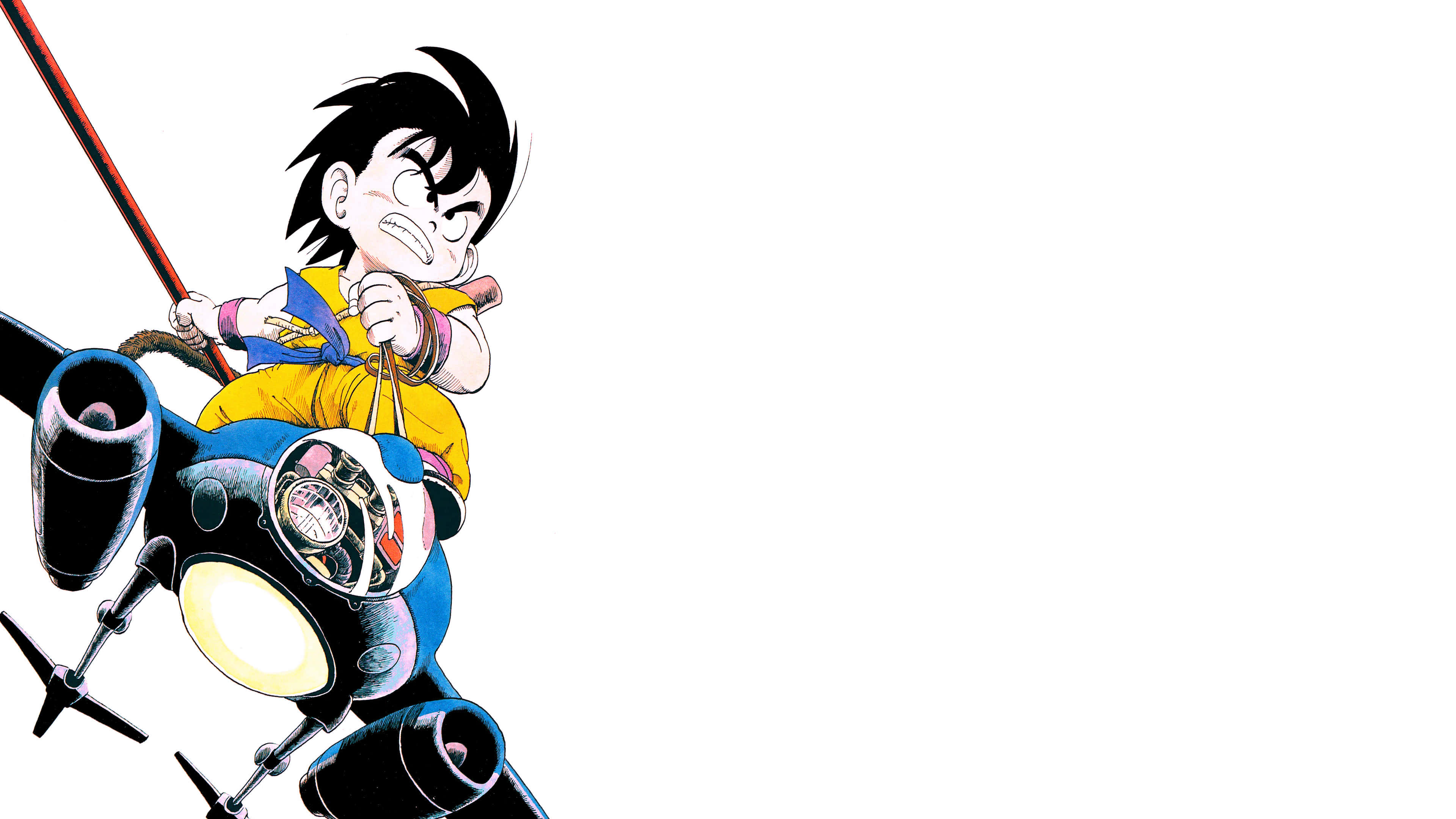 kid goku 桌布 壁紙 — 一個堅定的動畫男孩在純白背景下緊握未來戰機的控制桿。