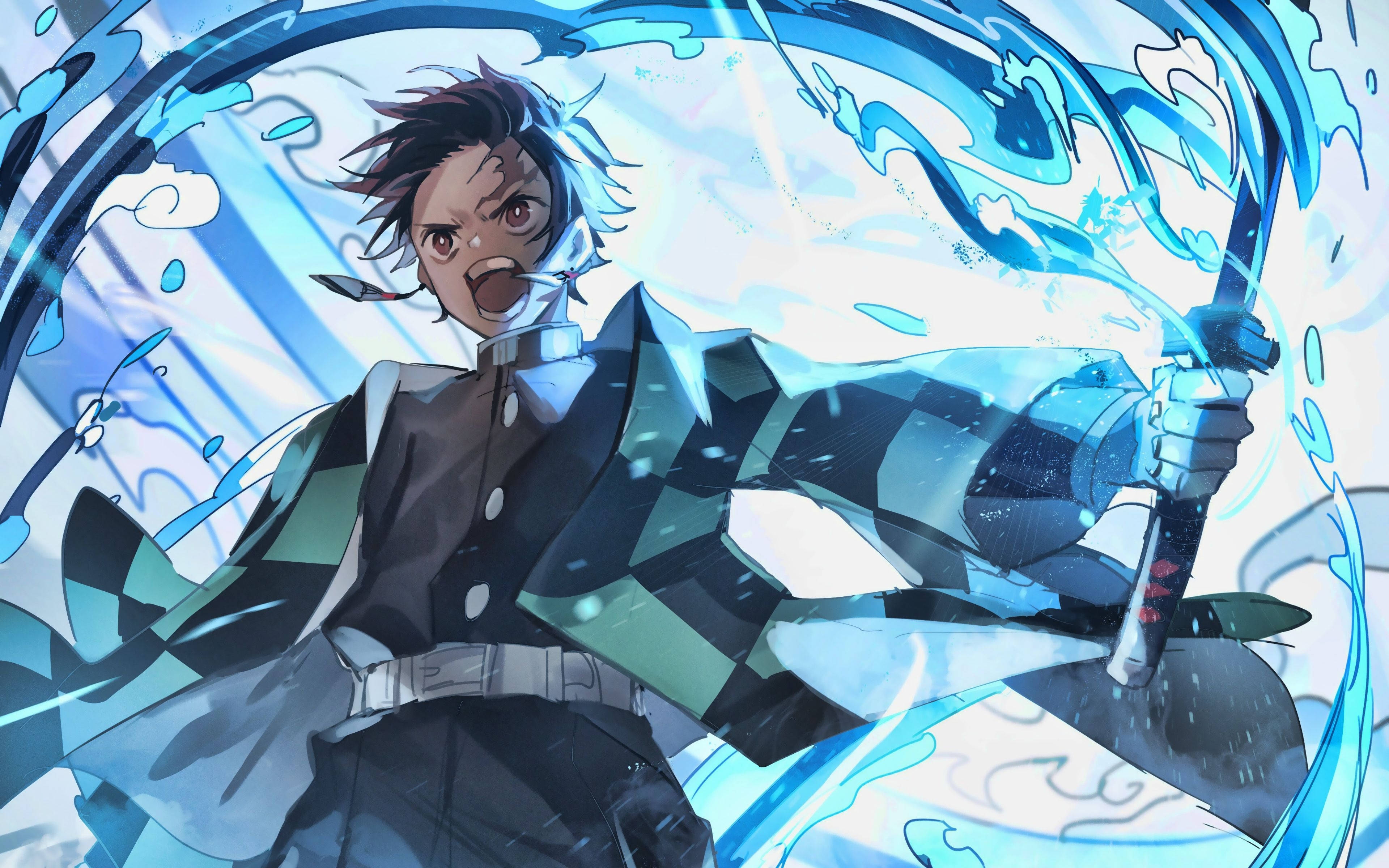 Kimetsu 桌布 壁紙 — 一個堅定的動畫男孩穿著格紋和服，揮舞著一把發光的藍色劍，周圍環繞著旋轉的水效果。