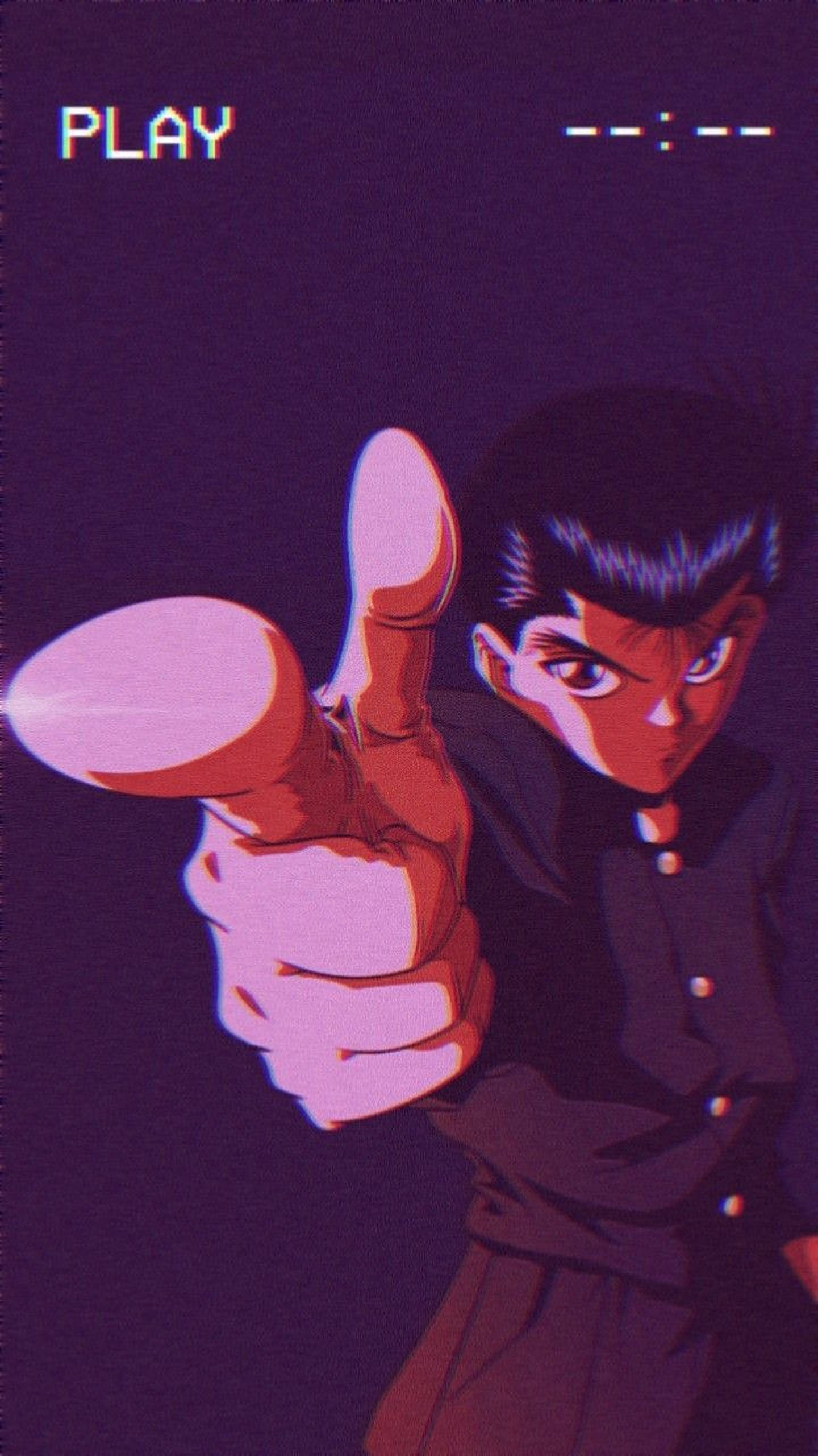 yuyu hakusho 桌布 壁紙 — 一個堅定的動畫男孩穿著深色制服，在帶有 'PLAY' 文字的故障紫色背景上大膽豎起大拇指。
