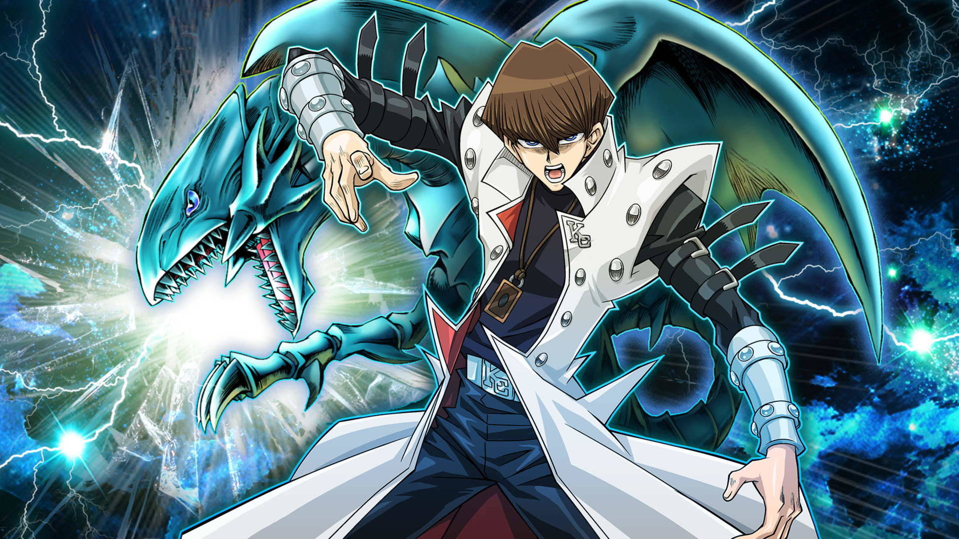 kaiba 桌布 壁紙 — 一個堅定的動畫男孩穿著白色外套，在電風暴雲中召喚出一條發光的藍色龍。