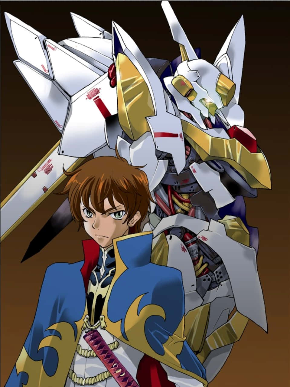 Suzaku Kururugi 桌布 壁紙 — 一個堅定的動畫男孩穿著藍、金、紅色的盔甲，站在一座高聳的白、金、紅色機甲旁，背景是深棕色。