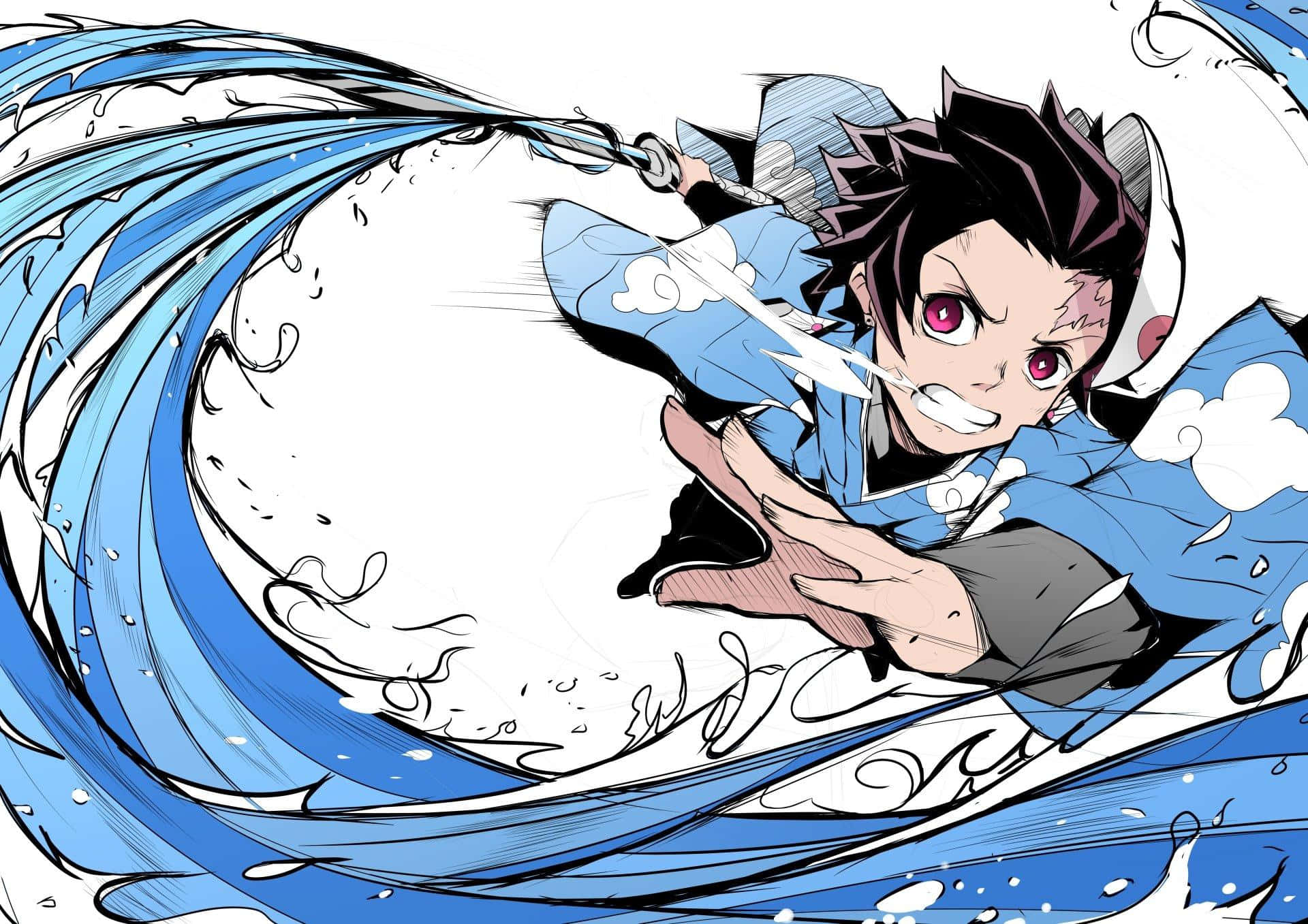 Demon Slayer iPad 桌布 壁紙 — 一個堅定的動畫男孩穿著藍色和服，用劍劈開旋轉的水，眼中燃燒著決心。