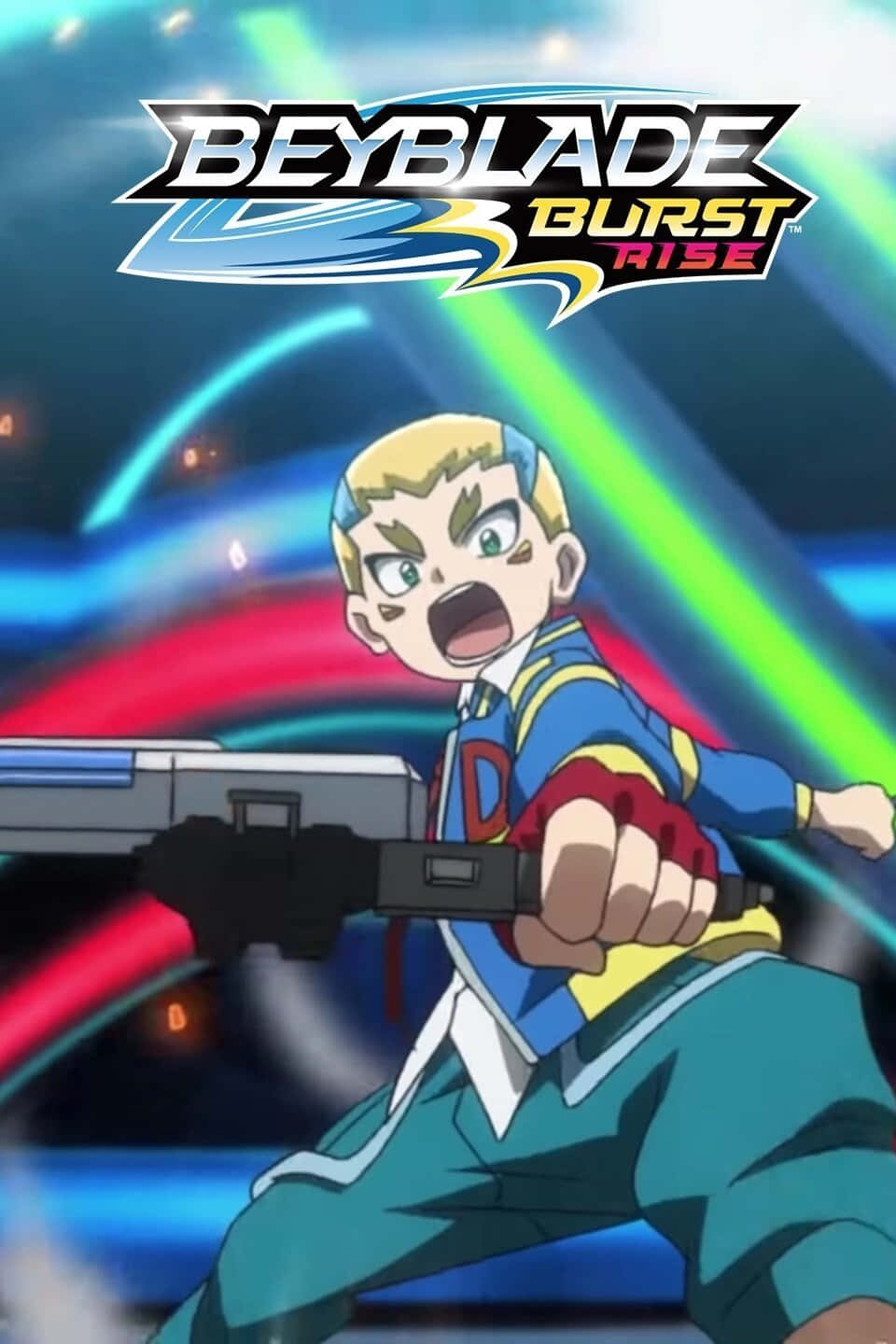 Beyblade Burst 桌布 壁紙 — 一個堅定的動畫男孩穿著藍色和黃色的裝備，在背景中發射帶有發光能量光束的Beyblade時大喊。