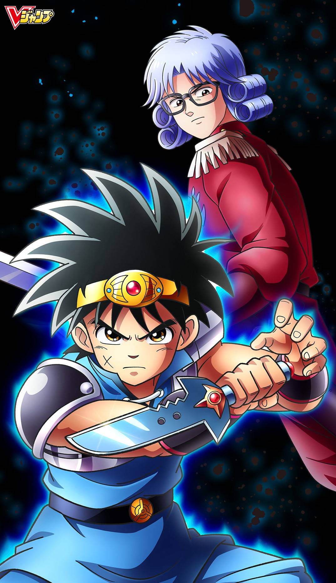 dragon quest 桌布 壁紙 — 一個堅定的動畫男孩穿著藍色盔甲揮舞著發光的劍，而一個紅衣嚴肅頭髮的女孩站在他身後，背景是星光燦爛的宇宙。