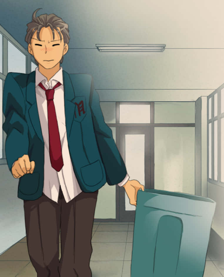 Haruhi Taniguchi 桌布 壁紙 — 一個堅定的動畫男學生穿著校服，在昏暗的走廊上推著垃圾桶。