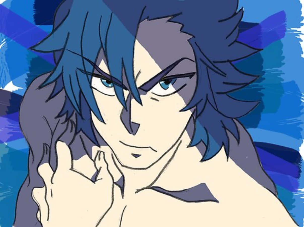 Aikuro Mikisugi 桌布 壁紙 — 一個堅定的動畫男性，擁有尖刺的藍色頭髮和銳利的眼神，在充滿活力的藍色筆觸背景前做出挑釁的手勢。