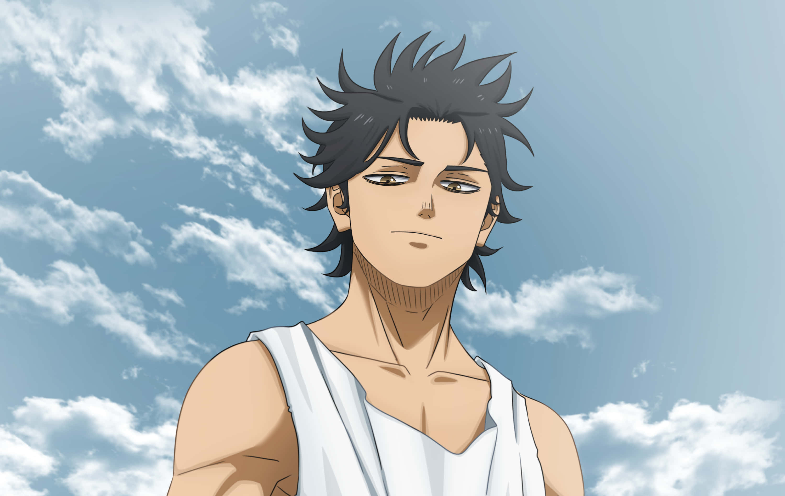 動漫男孩 桌布 壁紙 — 一個堅定的動畫男性，擁有尖刺的黑髮和白色背心，站在明亮的藍天和蓬鬆的白雲前。