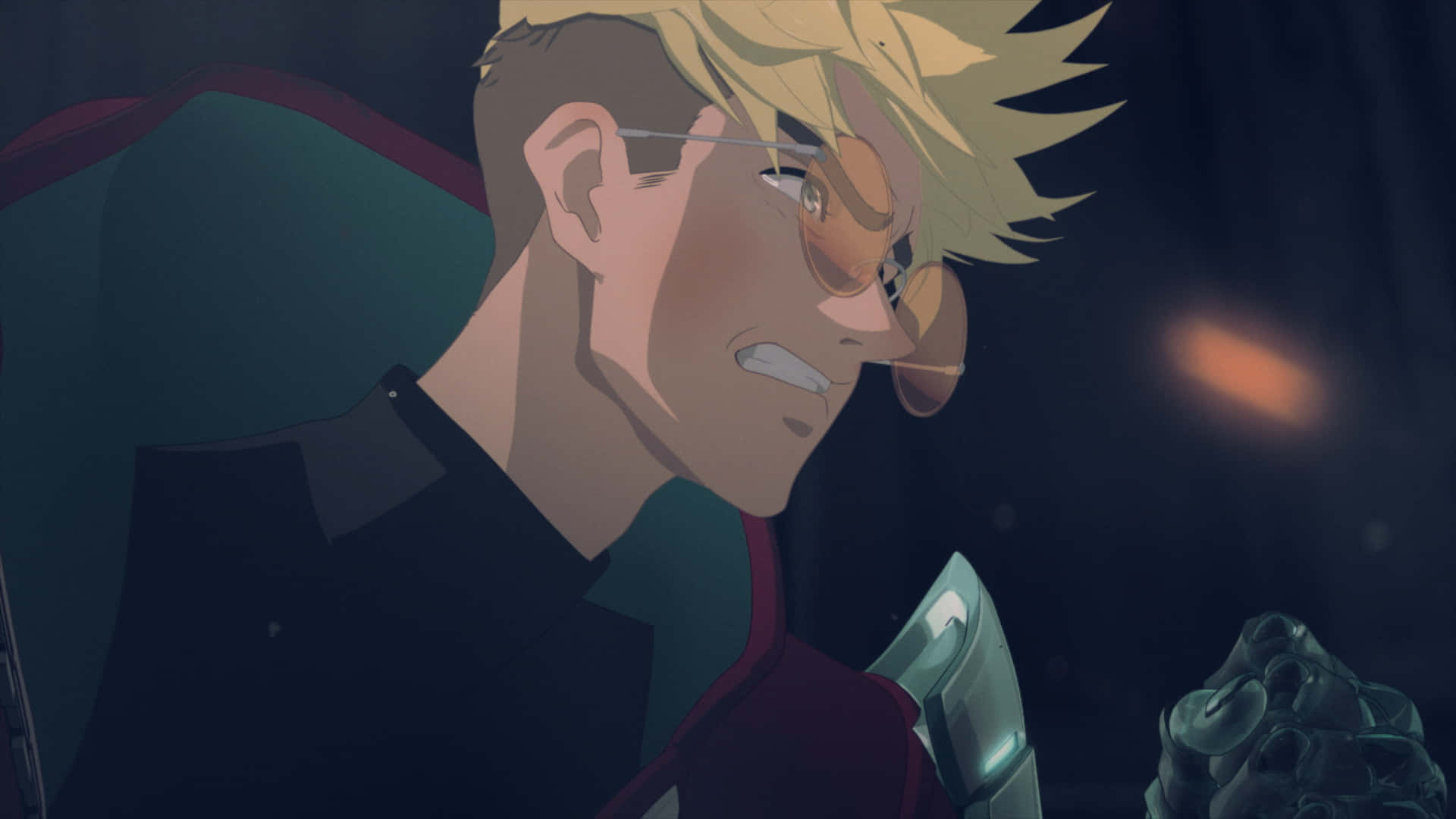 Trigun 桌布 壁紙 — 一個堅定的動畫男性，擁有尖刺金髮和眼鏡，在黑暗背景中緊握發光武器。
