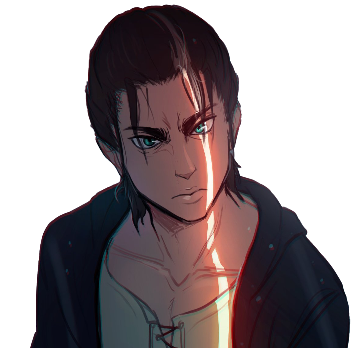 艾連·葉卡 桌布 壁紙 — 一個堅定的動畫男性，擁有發光的綠色眼睛和深色頭髮，被一道戲劇性的垂直暖光光束照亮，背景是純白色。