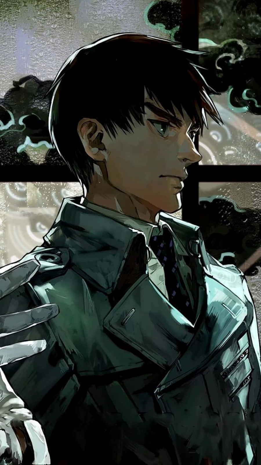 Koutarou Amon 桌布 壁紙 — 一個堅定的動畫男性角色穿著風衣，凝視著雨水斑駁的窗外，看著旋轉的烏雲。