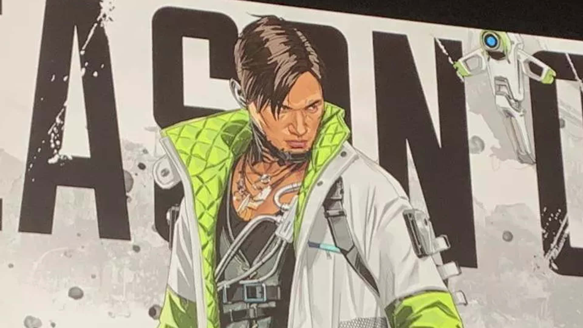 Apex Legends Crypto 桌布 壁紙 — 一個堅定的動畫風格男性角色，身穿未來感白色與螢光綠色外套，站在粗獷的城市背景前，帶有粗體字樣。