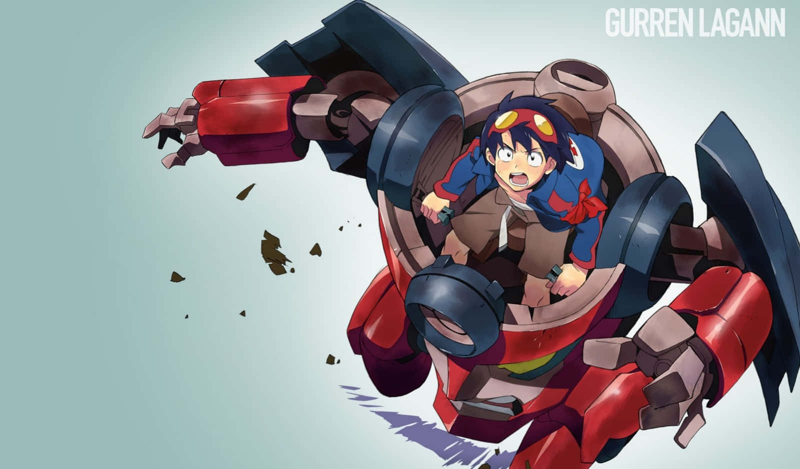 Gurren Lagann 桌布 壁紙 — 一個堅定的動畫駕駛員在紅藍機甲中，在淡藍色天空下穿越碎片戰鬥。