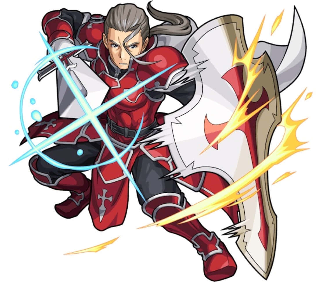 Sword Art Online Heathcliff 桌布 壁紙 — 一個堅定的動畫騎士，身穿紅色盔甲，在動態能量效果中揮舞著發光的劍和盾牌。