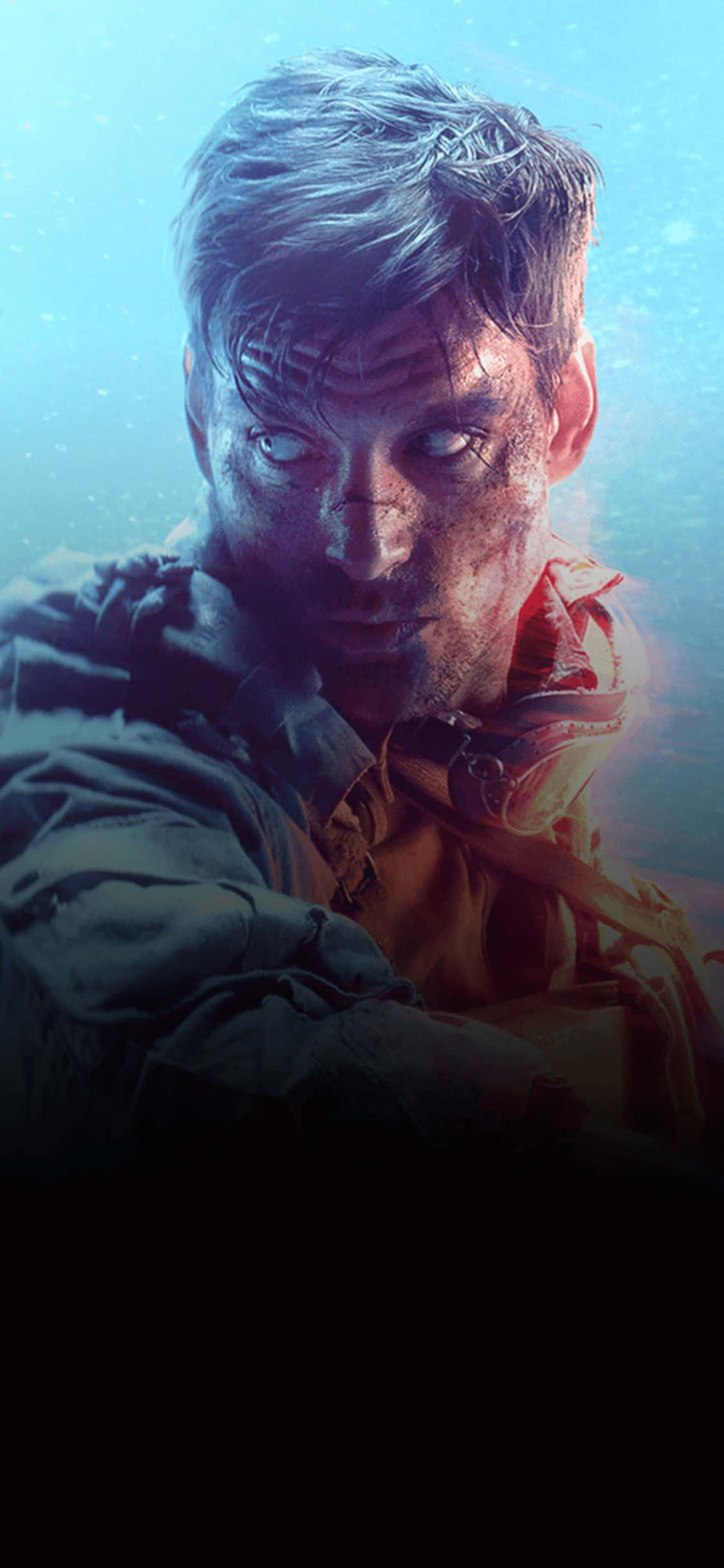 soldier 桌布 壁紙 — 一個堅定的士兵，滿臉鮮血，眼睛發光，在藍色迷霧中在水下強烈地凝視。