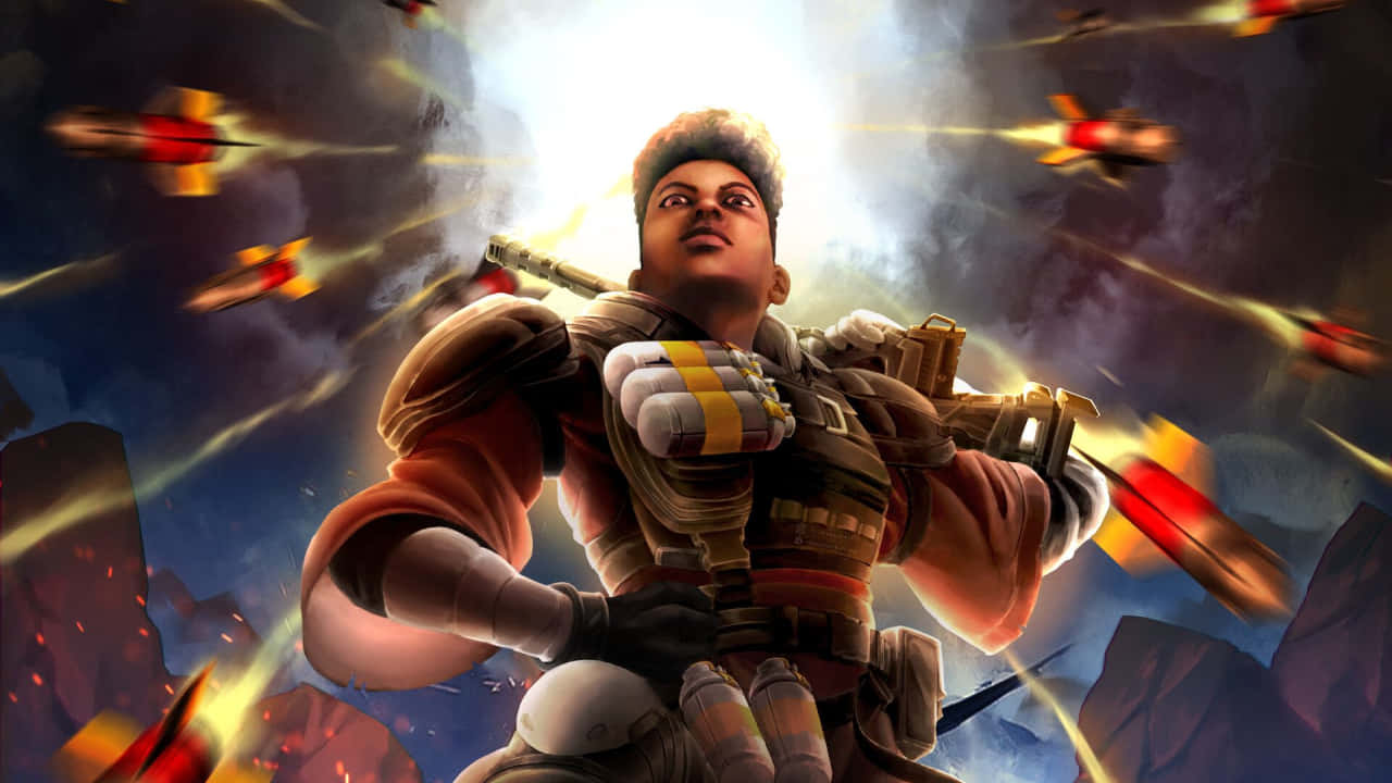 720p Apex Legends 桌布 壁紙 — 一個堅定的士兵穿著未來裝甲，站在明亮的天空下，身處熾熱的爆炸和飛行的無人機之中。