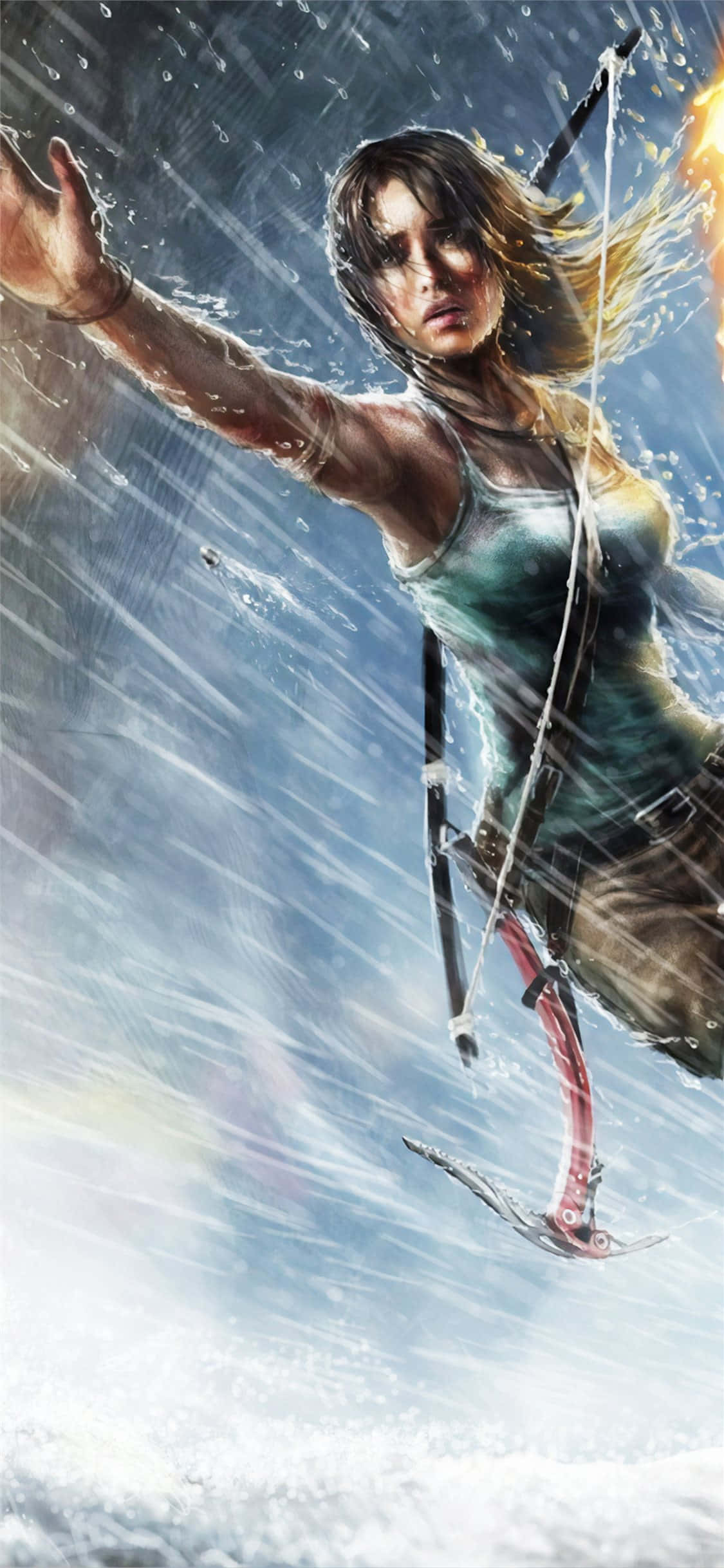 Pixel 3 Shadow Of The Tomb Raider 桌布 壁紙 — 一個堅定的女人拿著弓箭，跳過風雪交加的天空，雪花和雨水在她周圍旋轉。