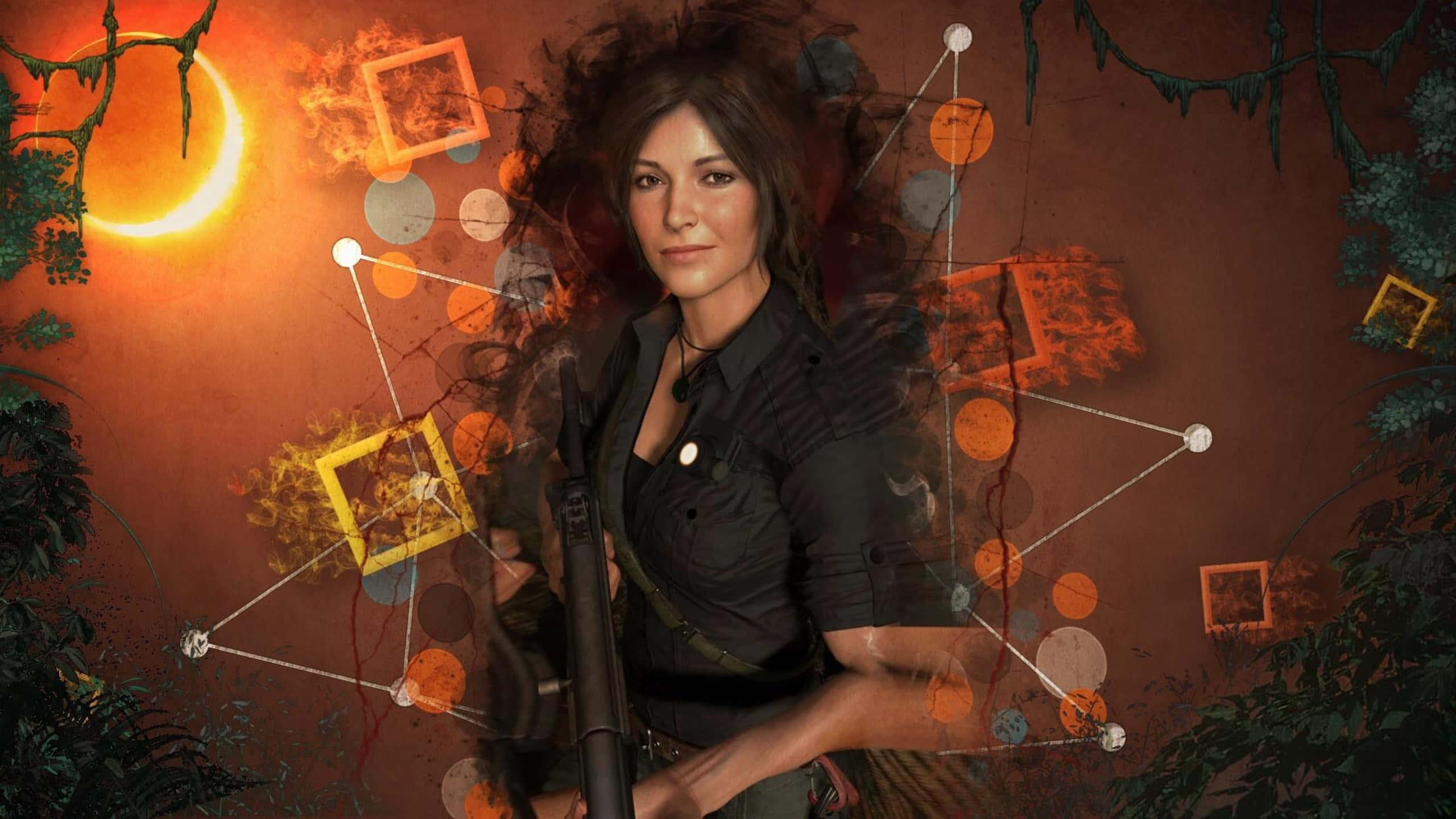 1440p Shadow Of The Tomb Raider 桌布 壁紙 — 一個堅定的女人拿著步槍，站在新月太陽下，背景是超現實的叢林，有發光的球體和漂浮的框架。