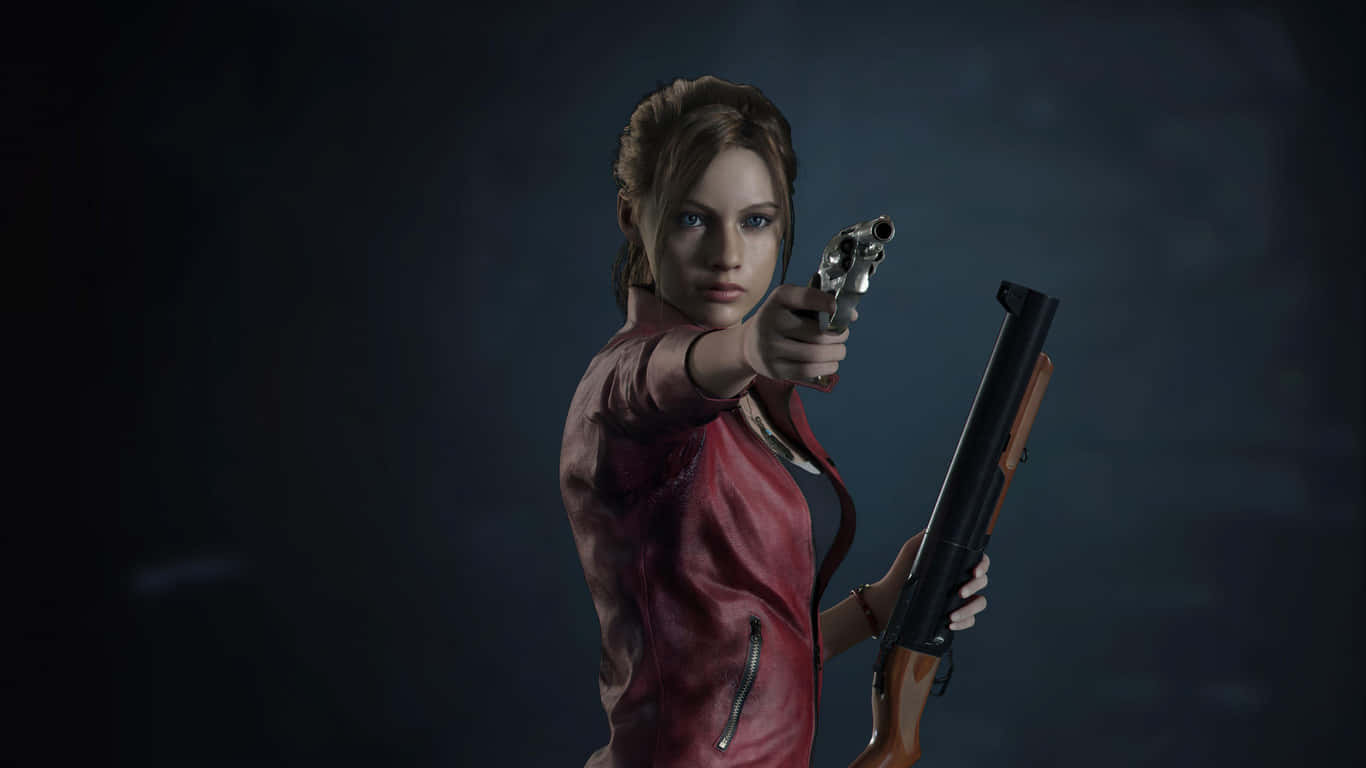 1366x768 Resident Evil 2 桌布 壁紙 — 一個堅定的女人穿著紅色外套，在黑暗陰沉的背景下瞄準左輪手槍並手持霰彈槍。