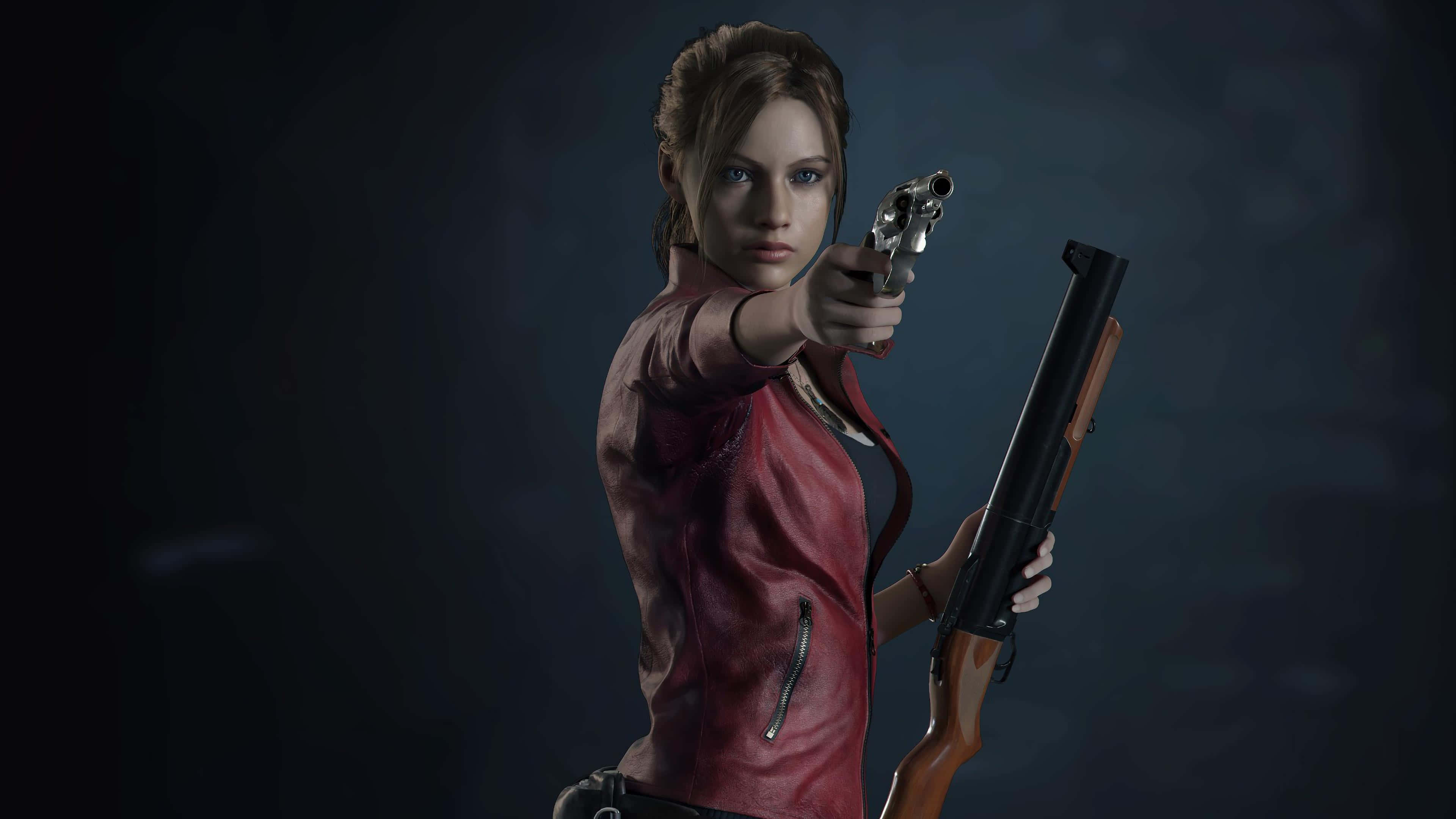 Resident Evil Revelations 2 桌布 壁紙 — 一個堅定的女人穿著紅色皮夾克，在黑暗陰鬱的背景中瞄準左輪手槍，同時手持霰彈槍。