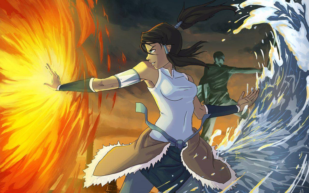 Korra 桌布 壁紙 — 一個堅定的女性化身在暴風雨的天空下，於動態的動漫戰鬥場景中引導火與水。