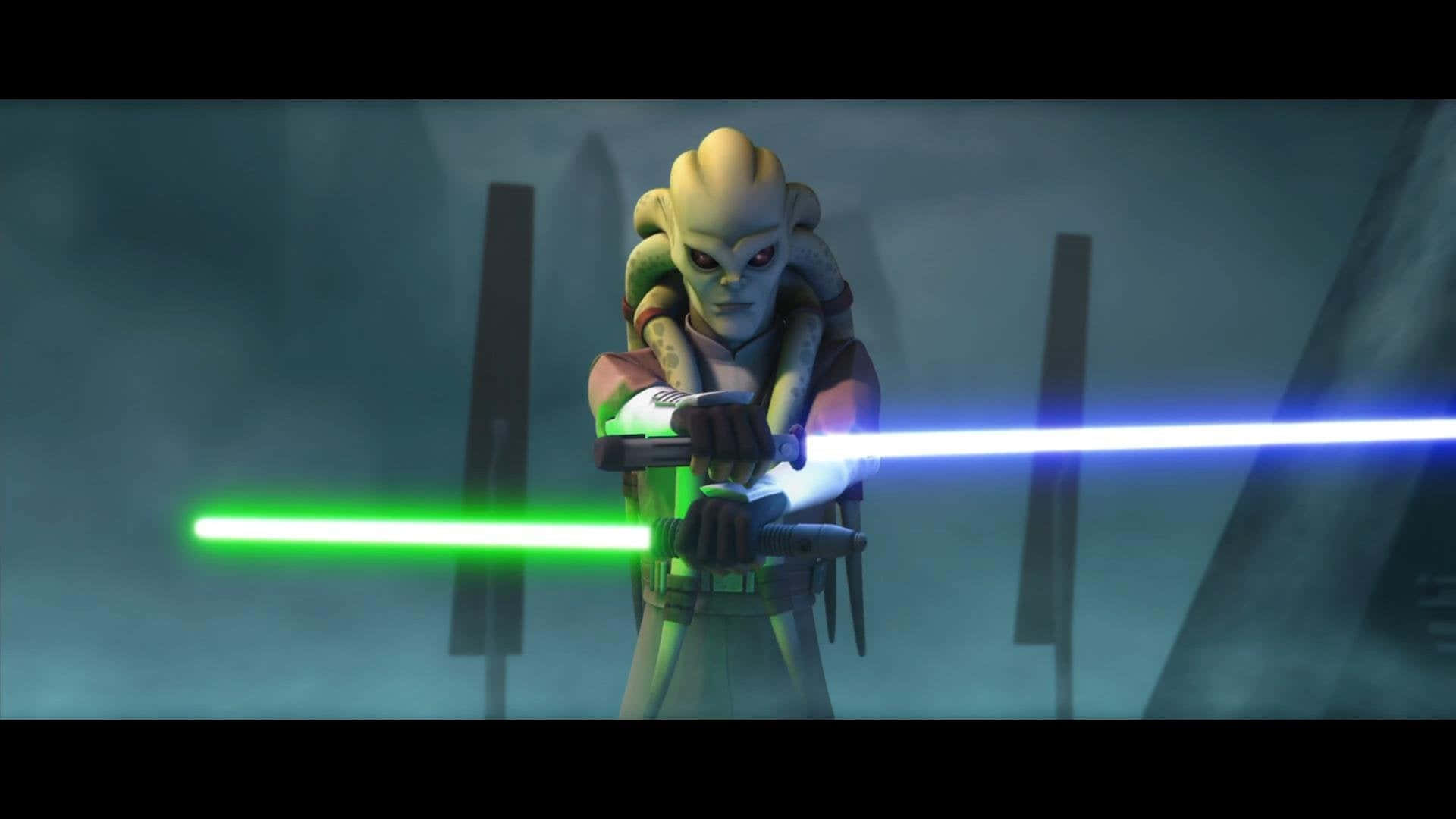 The Trade Federation 桌布 壁紙 — 一個堅定的女性外星戰士在黑暗迷霧背景下揮舞著綠色和藍色的光劍。