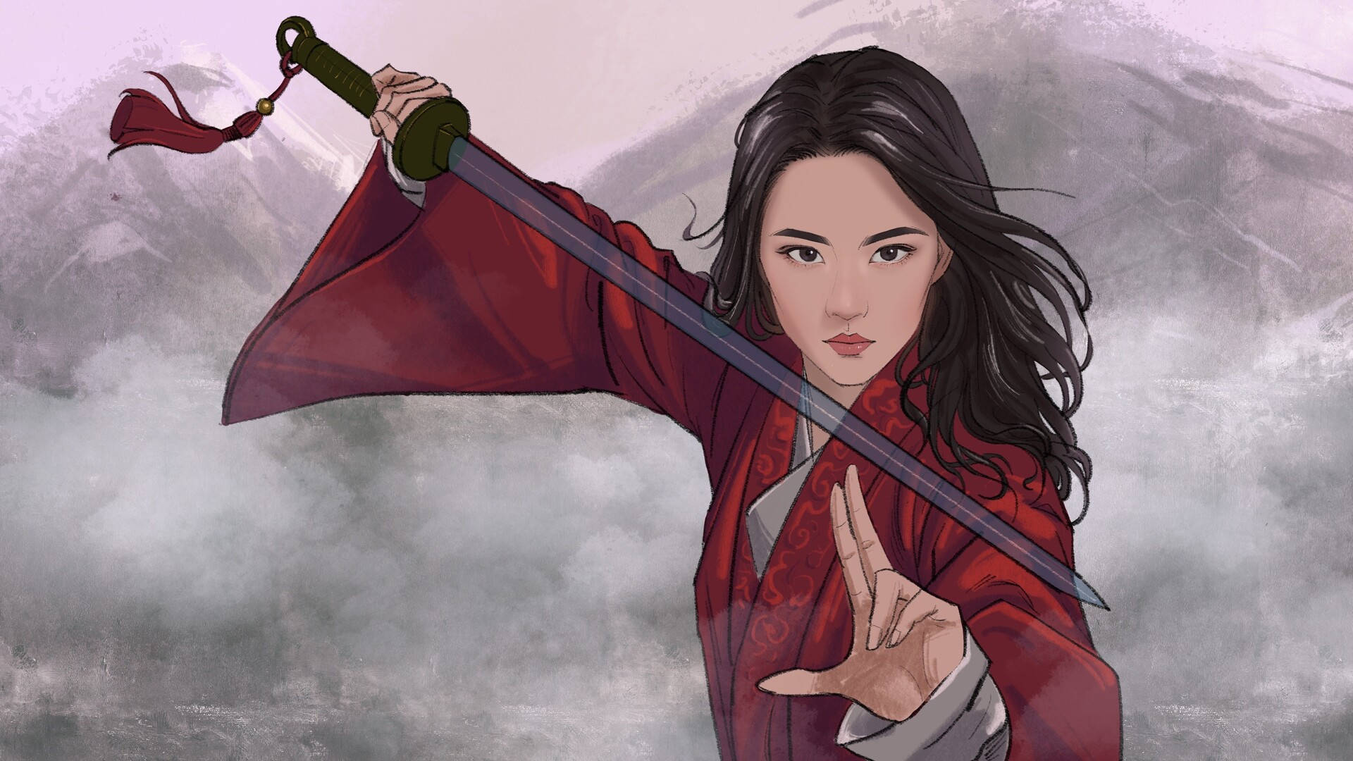 Mulan 桌布 壁紙 — 一個堅定的女戰士穿著飄逸的紅色長袍，在霧氣瀰漫的山景背景下揮舞著劍。